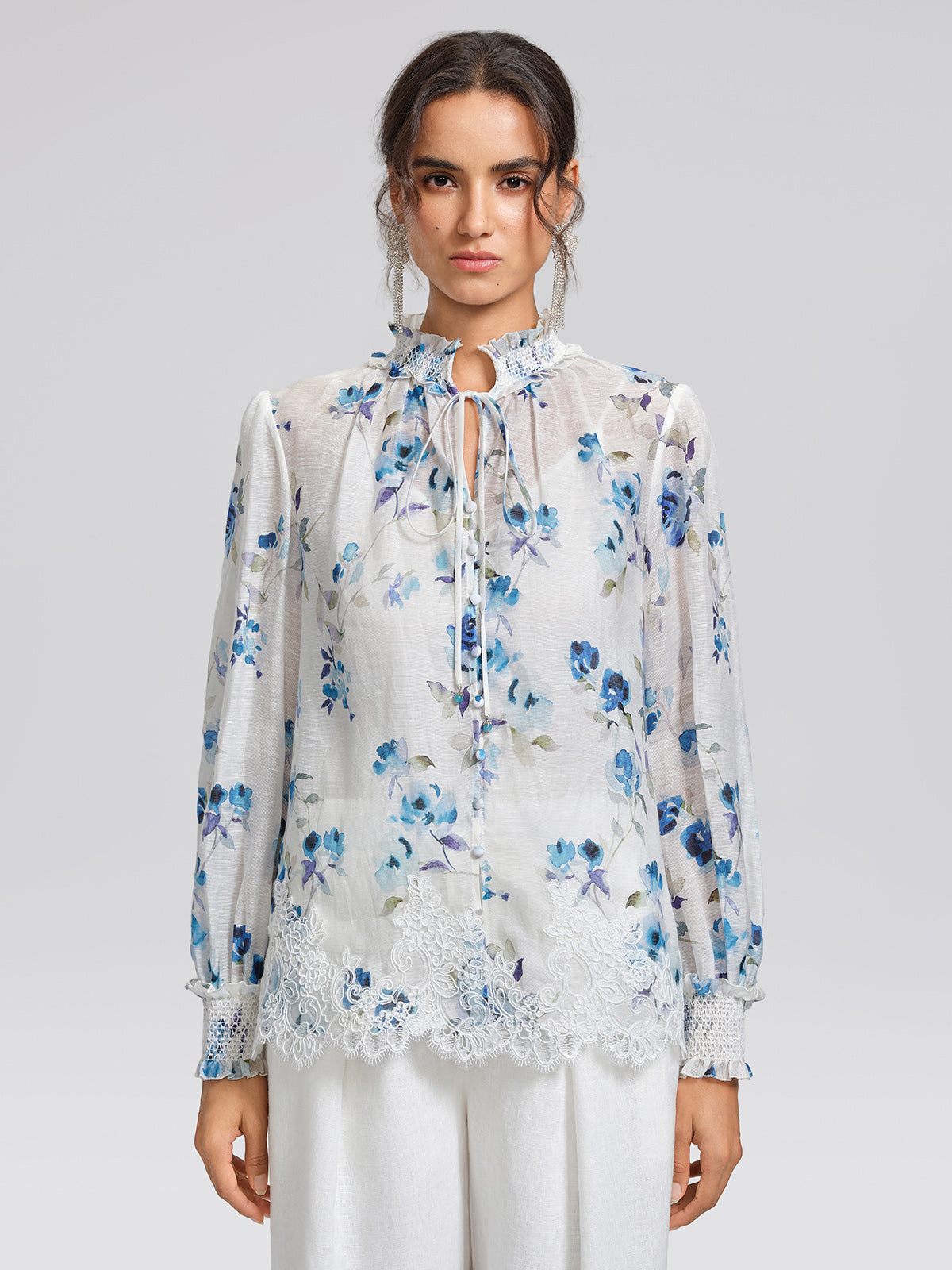 Floral Print Ruffled Lace Blouse(Camisole Included)