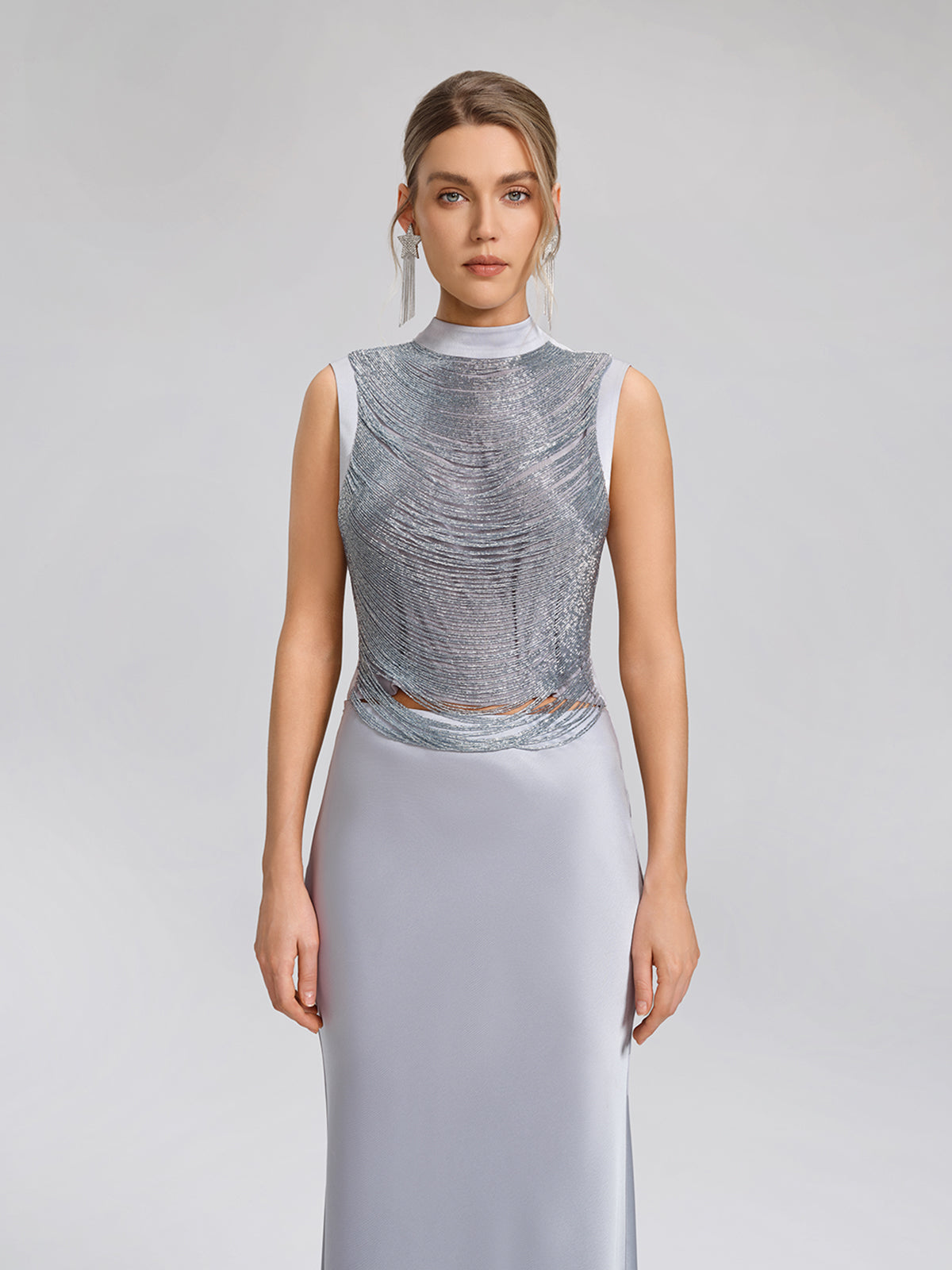 Hand Beaded Fringe Mock Neck Top
