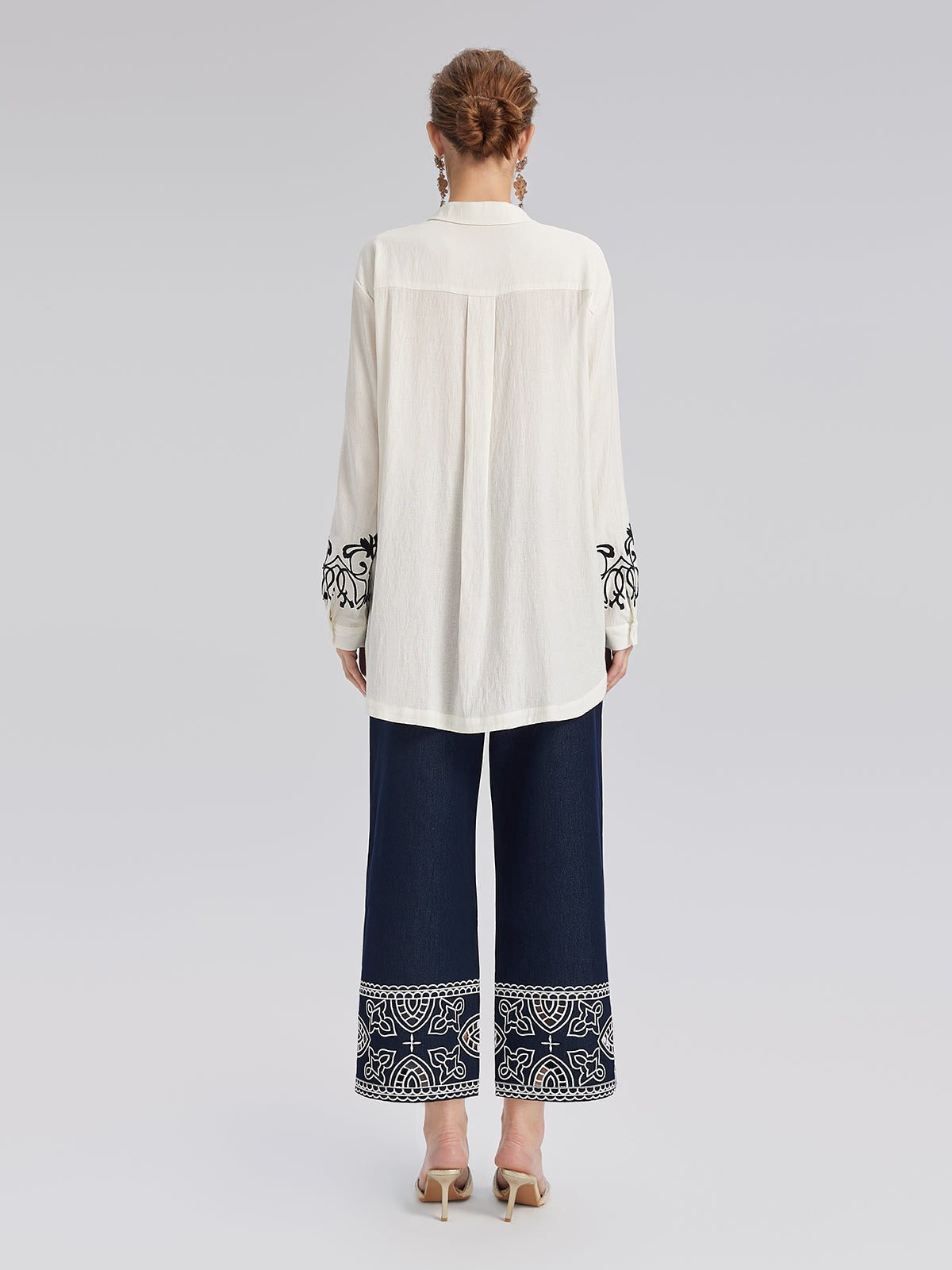 Cutout Embroidered Cotton Straight-Leg Pants