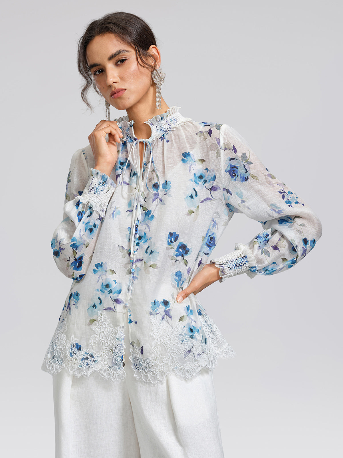 Floral Print Ruffled Lace Blouse(Camisole Included)