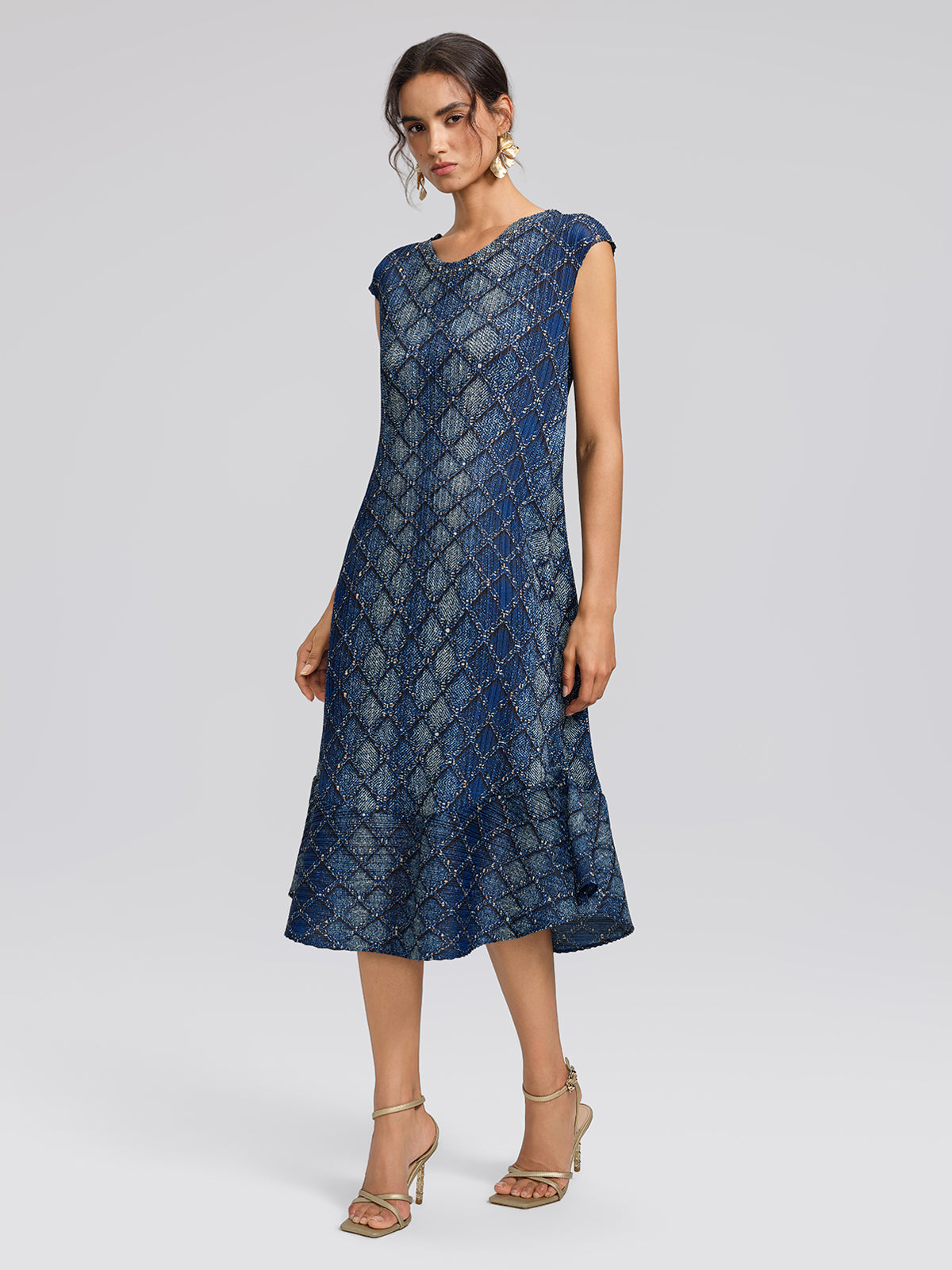 Pleated Diamond Print Mermaid Dress