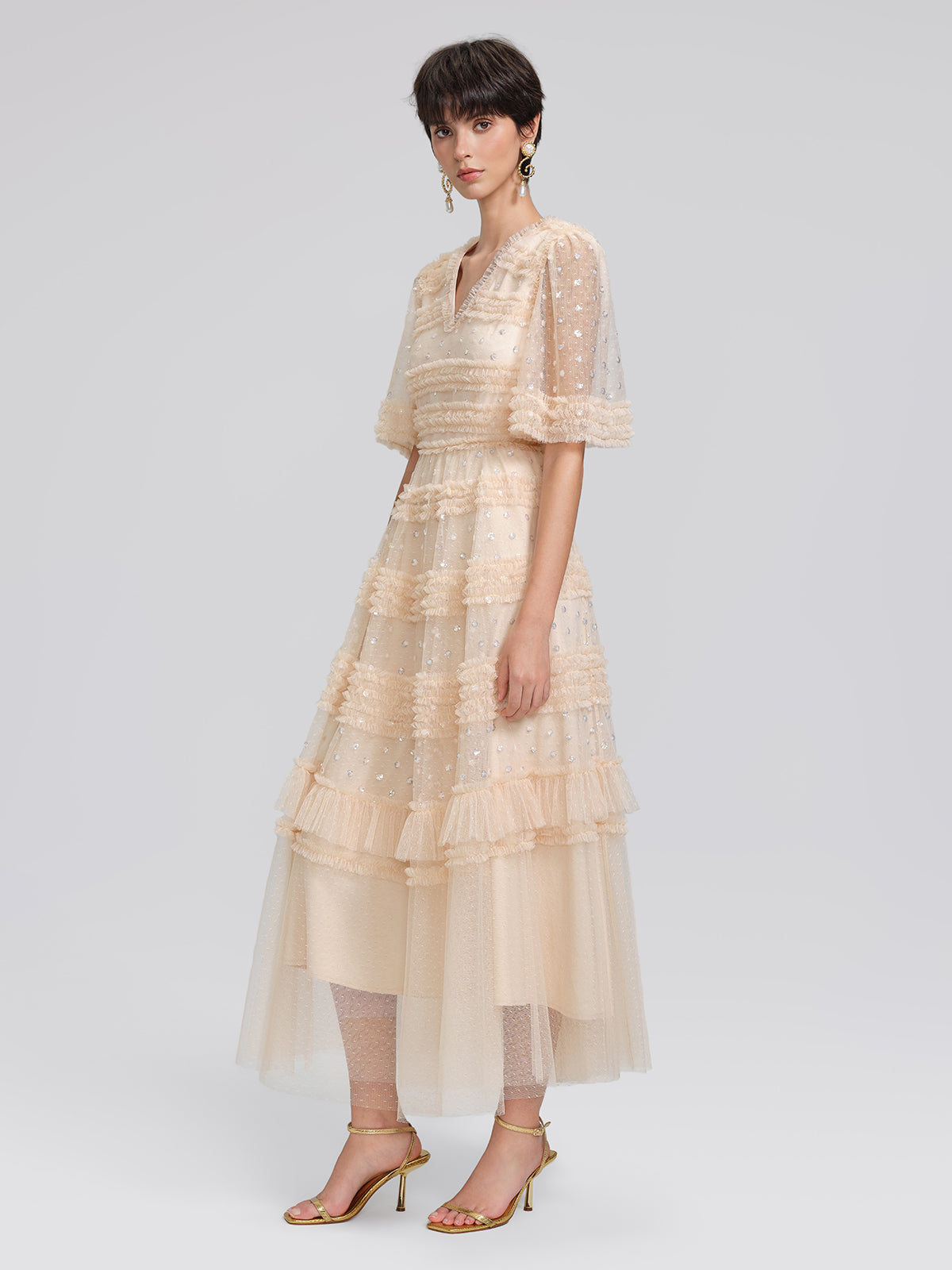 Sequin Embroidered Tulle Ruffled Maxi Dress