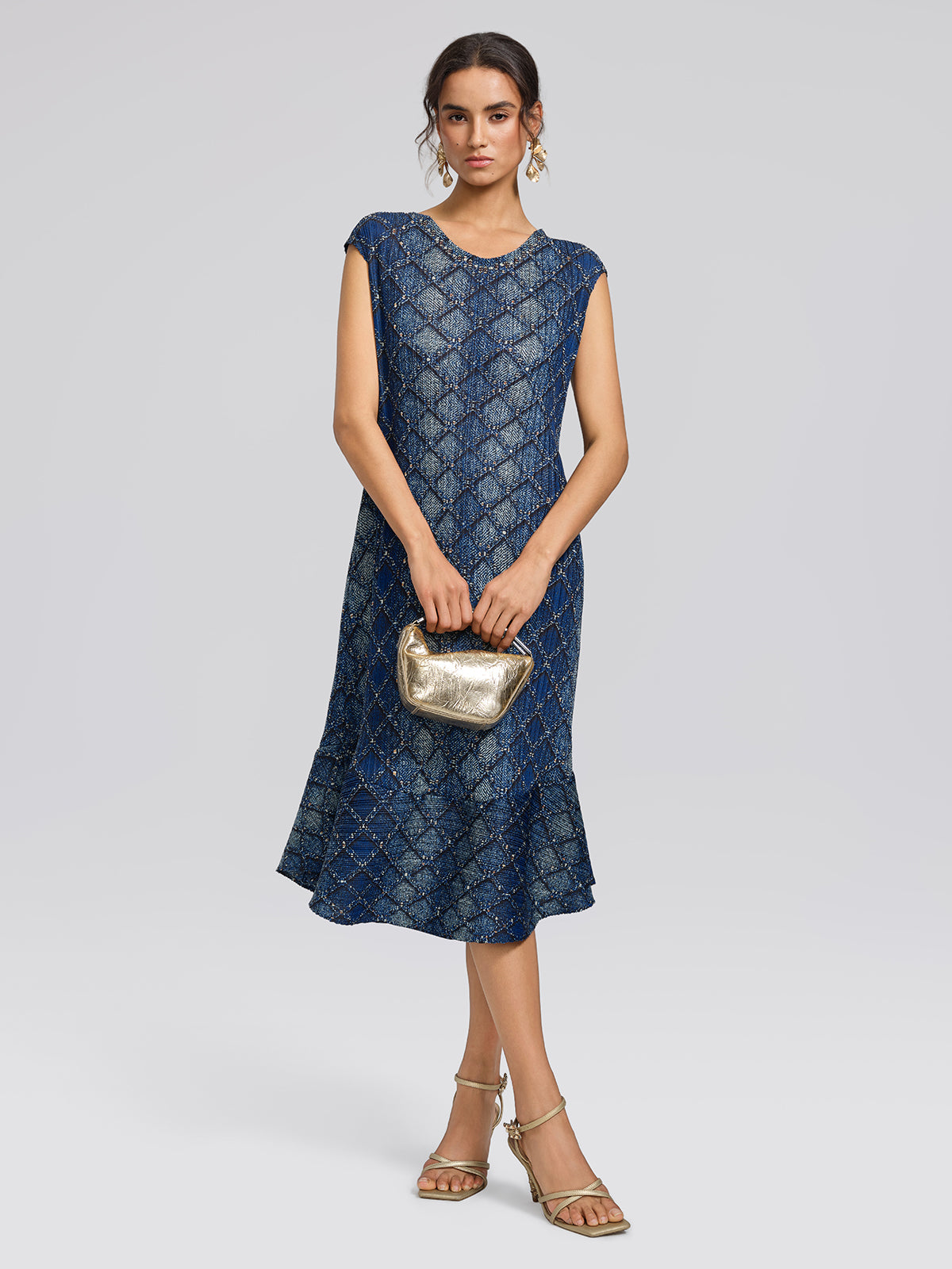 Pleated Diamond Print Mermaid Dress