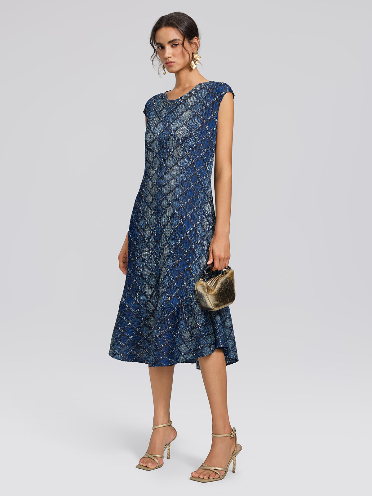 Pleated Diamond Print Mermaid Dress