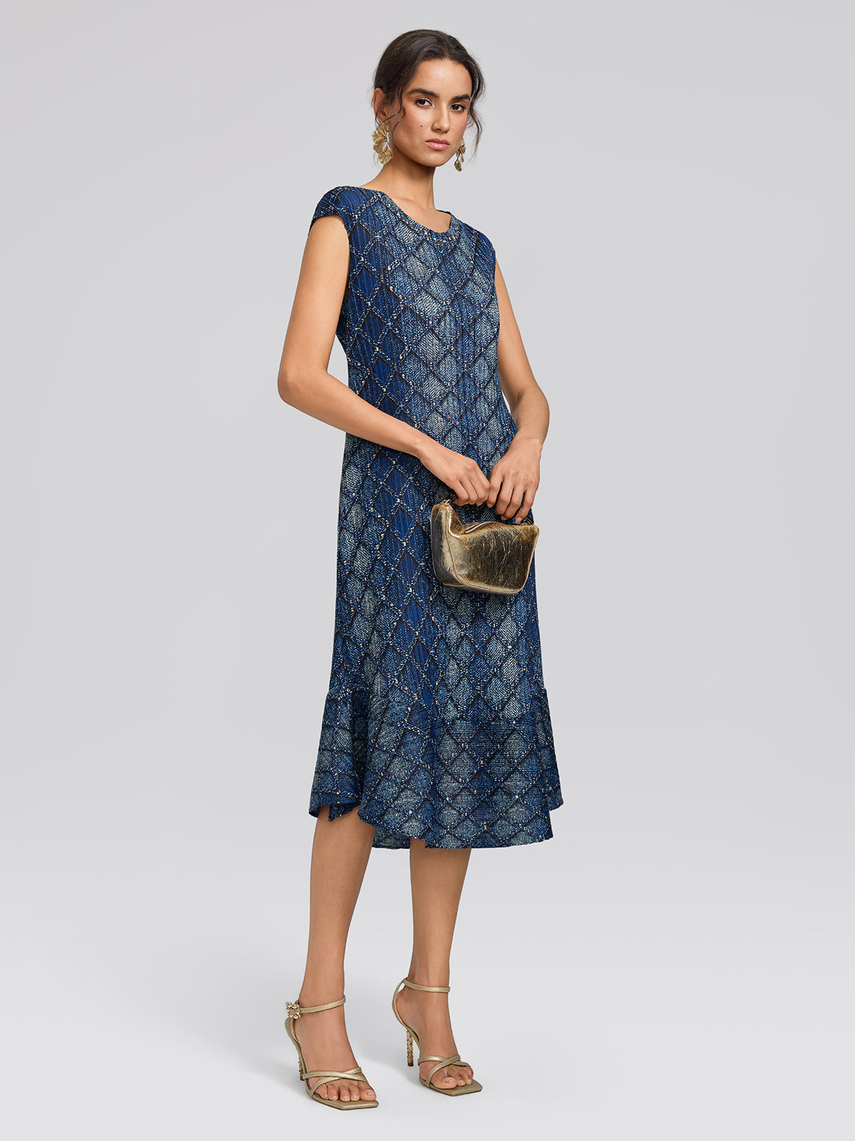Pleated Diamond Print Mermaid Dress