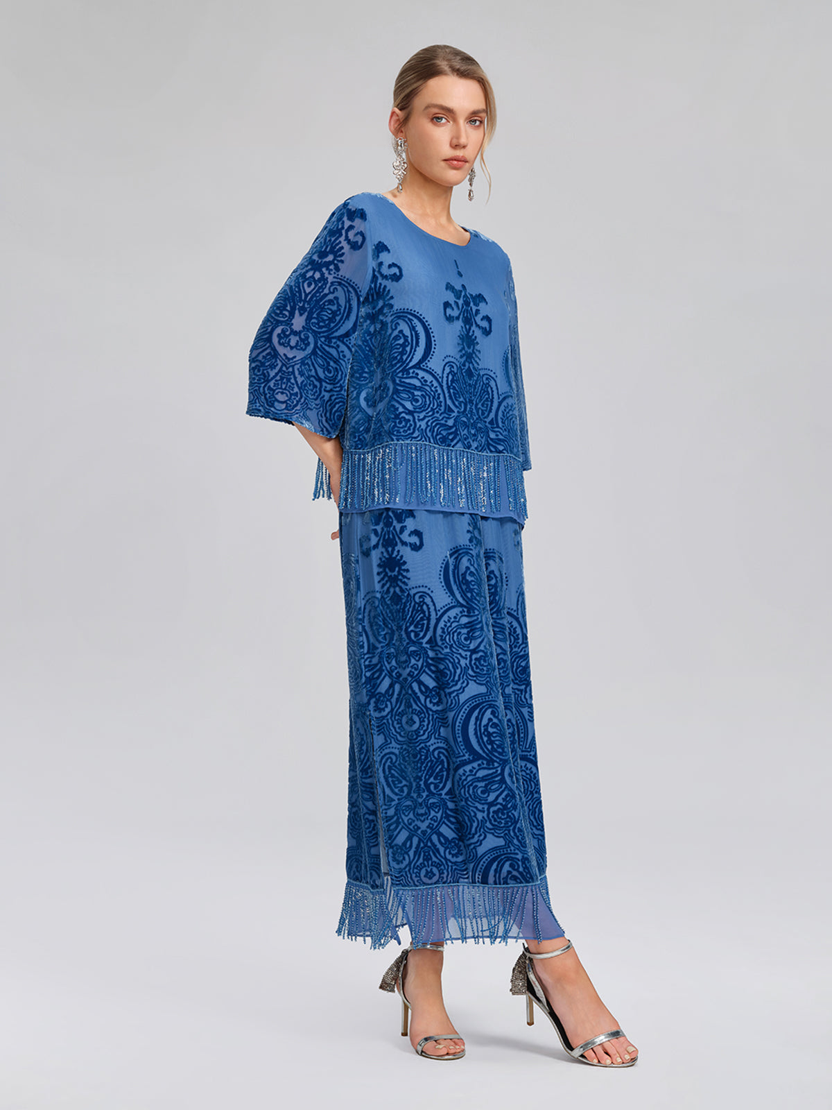 Silk Velvet Burnout Fringe Elasticated Waist Skirt