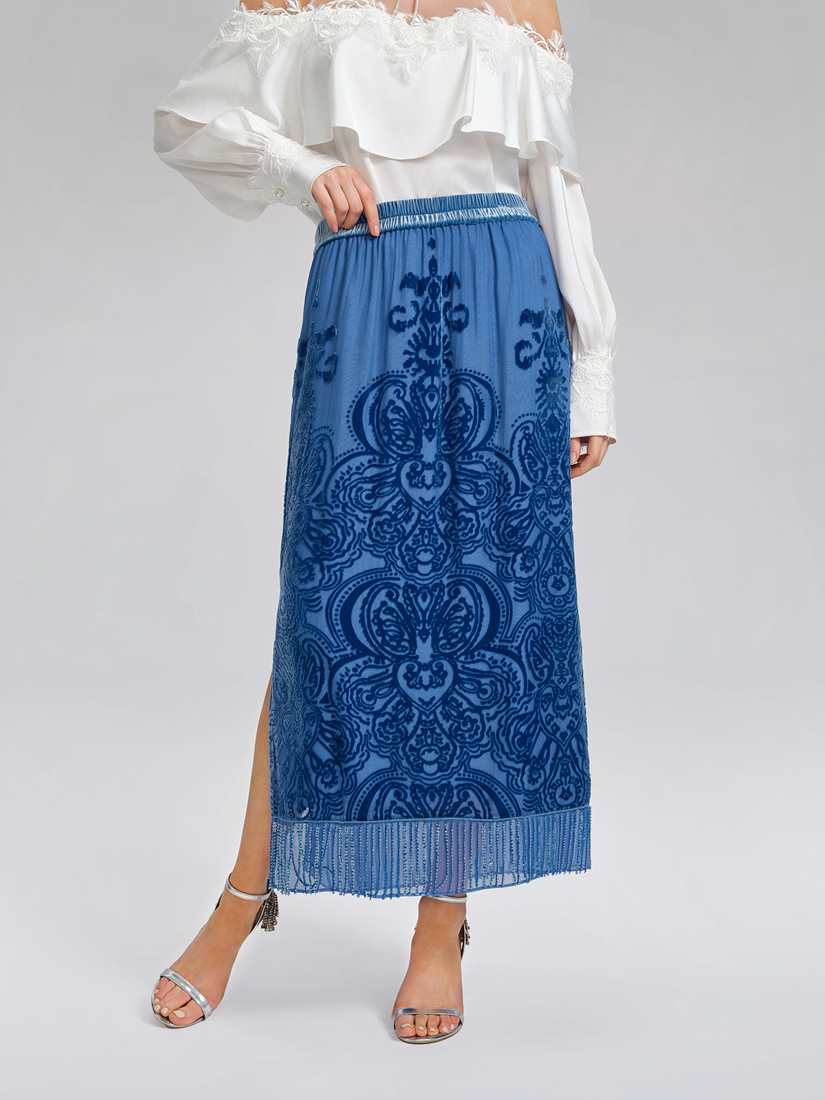 Silk Velvet Burnout Fringe Elasticated Waist Skirt