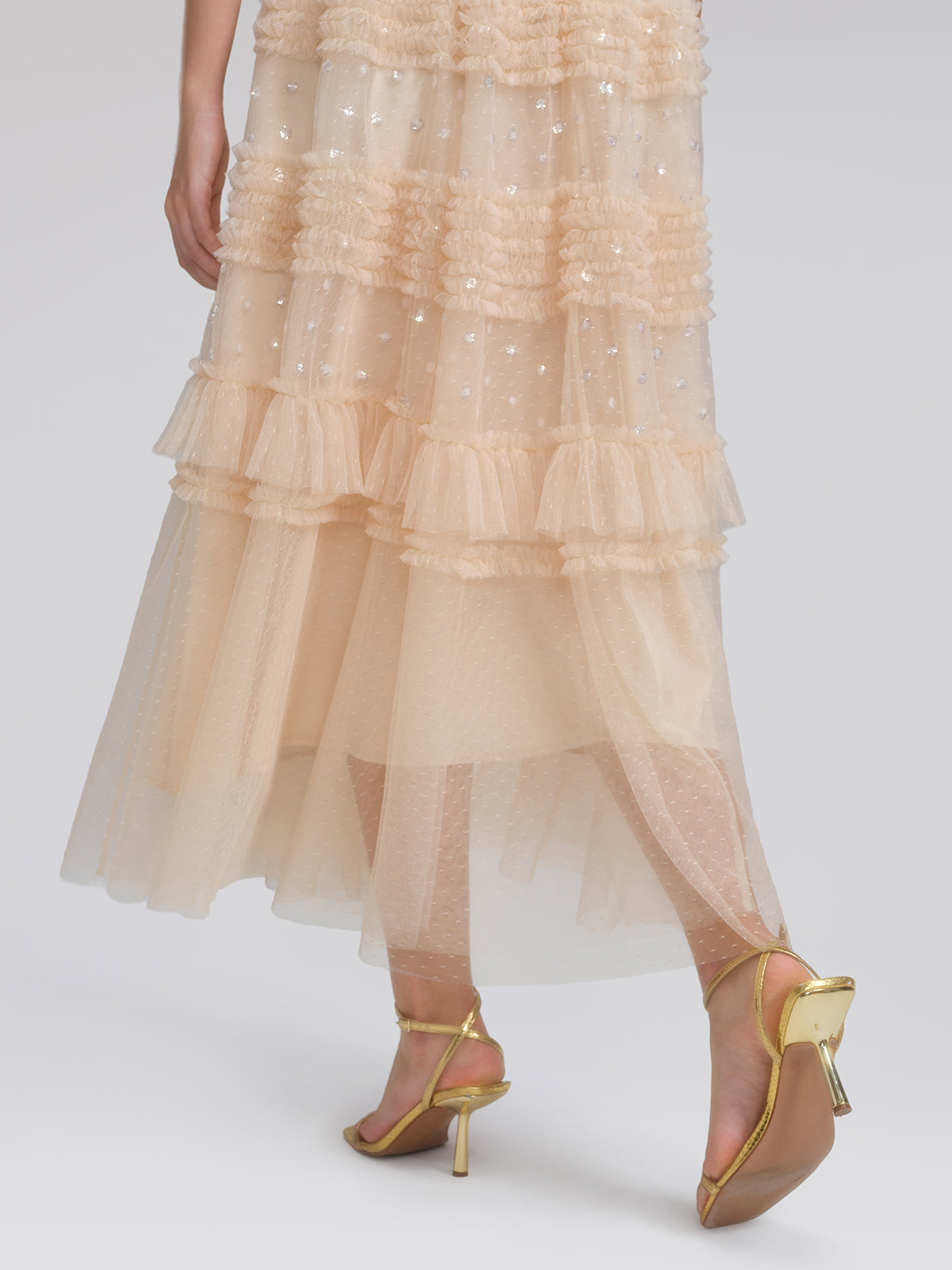 Sequin Embroidered Tulle Ruffled Maxi Dress