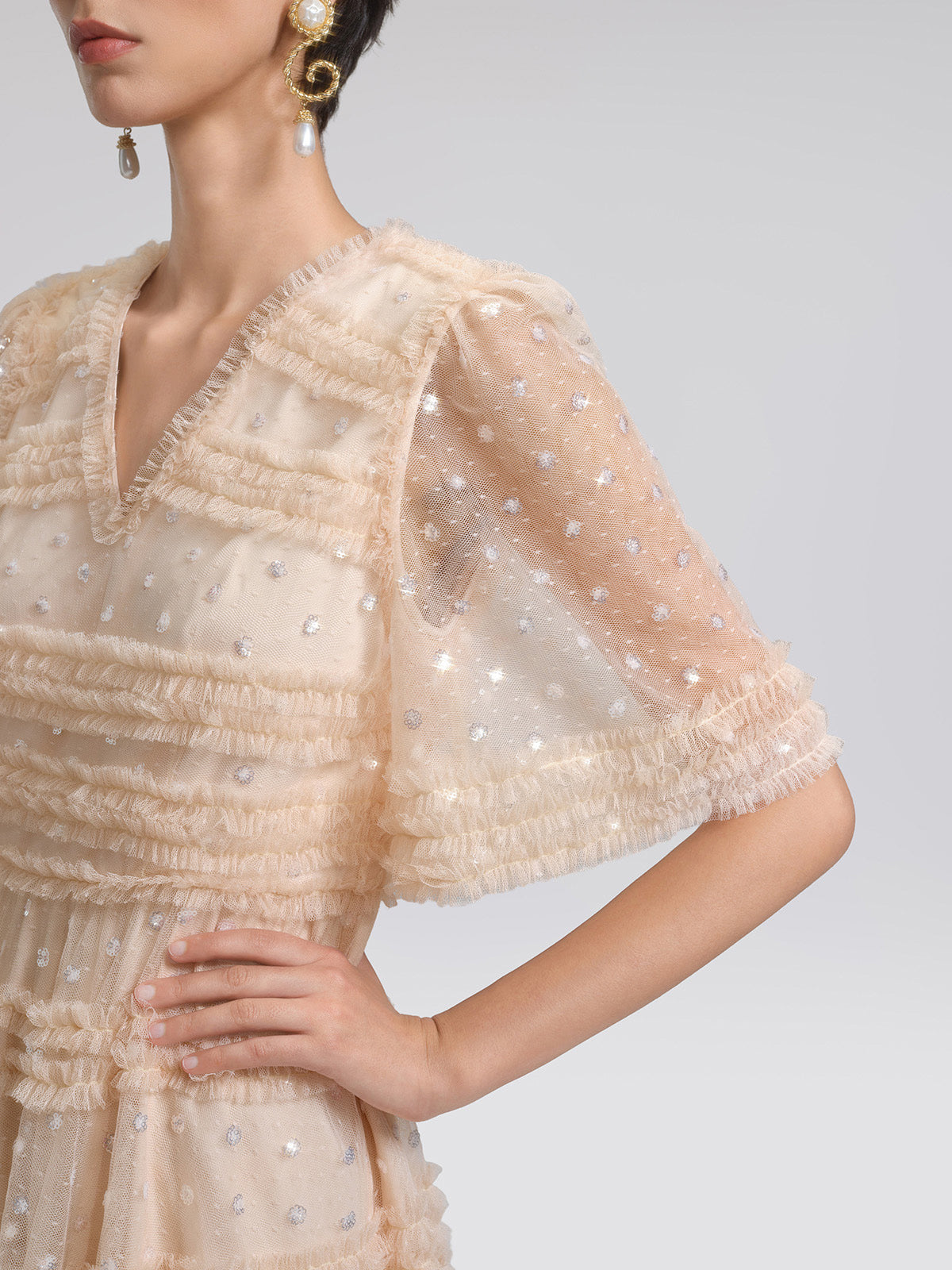 Sequin Embroidered Tulle Ruffled Maxi Dress