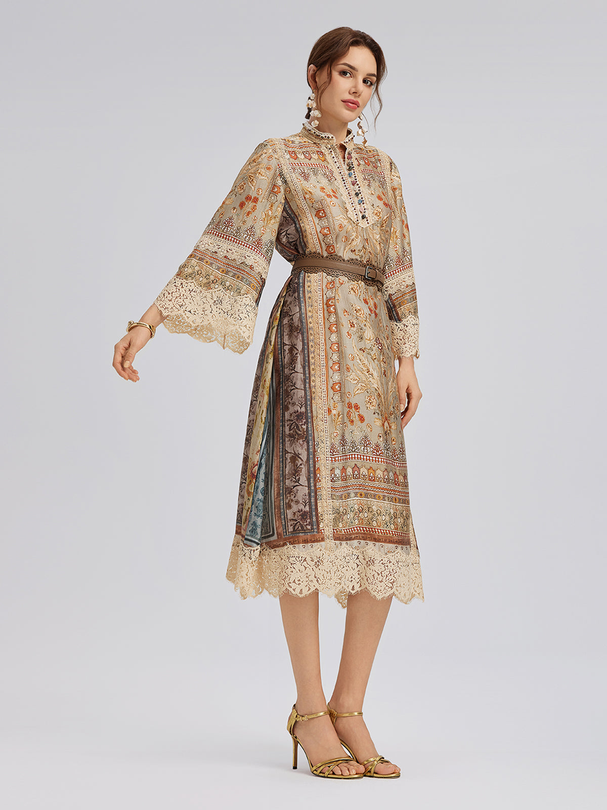 Final Sale | Artistic Botanical Print Lace-Trim Dress (Belt Included)