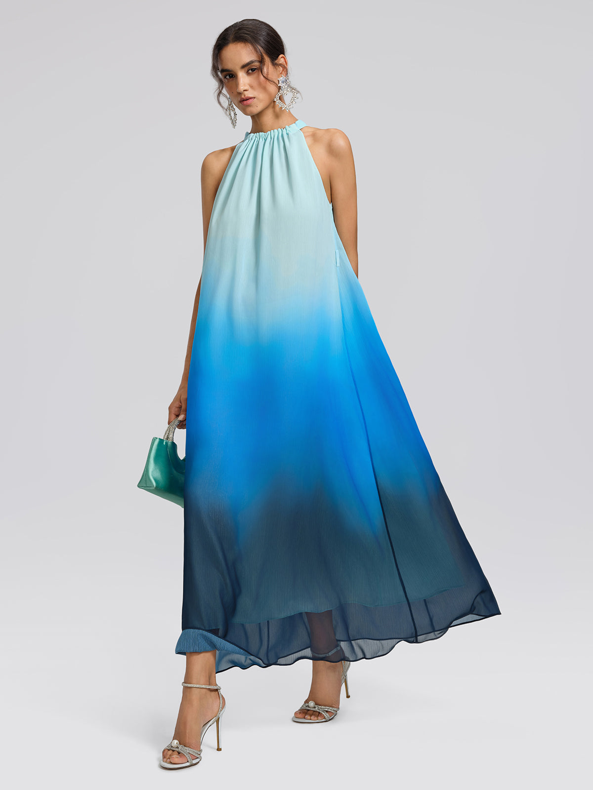 Pleated-Neck Tie-Detail Gradient Maxi Dress (Waist Tie Included)