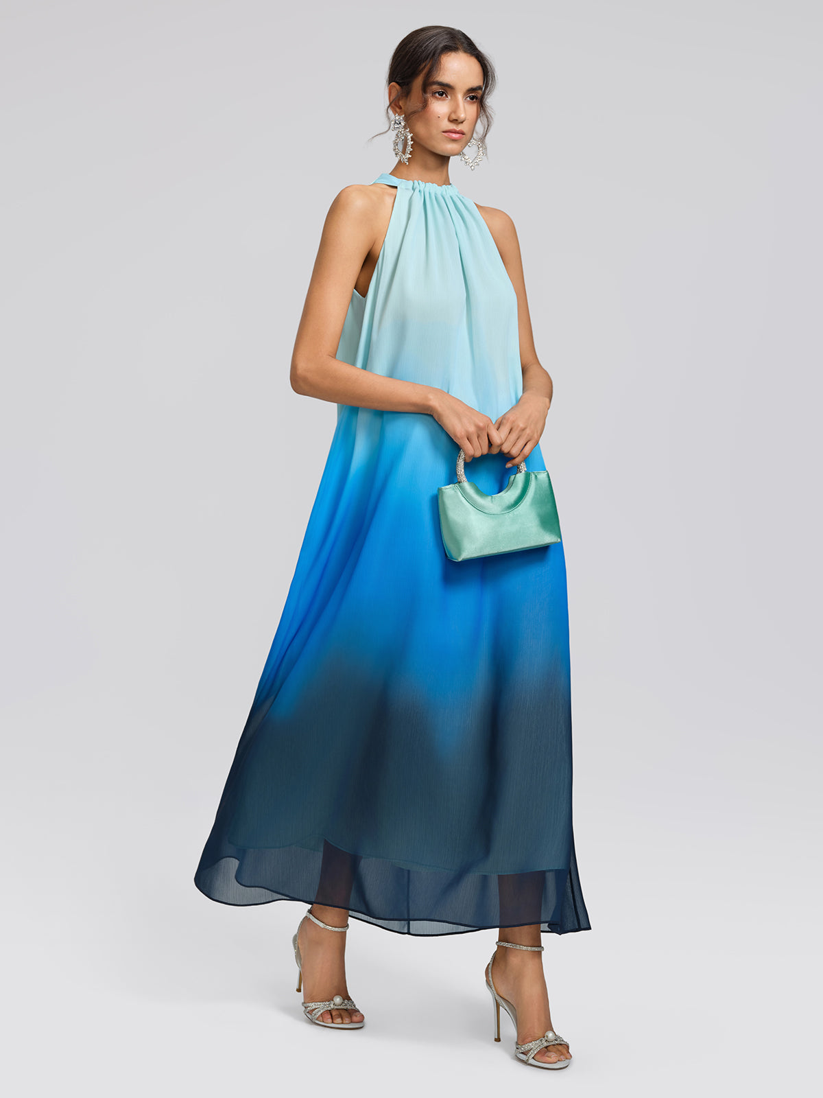 Pleated-Neck Tie-Detail Gradient Maxi Dress (Waist Tie Included)