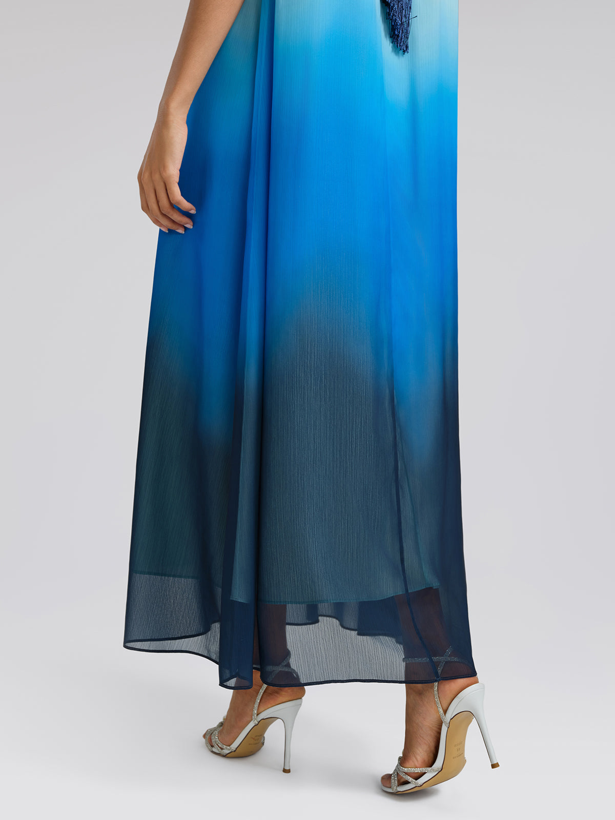 Pleated-Neck Tie-Detail Gradient Maxi Dress (Waist Tie Included)