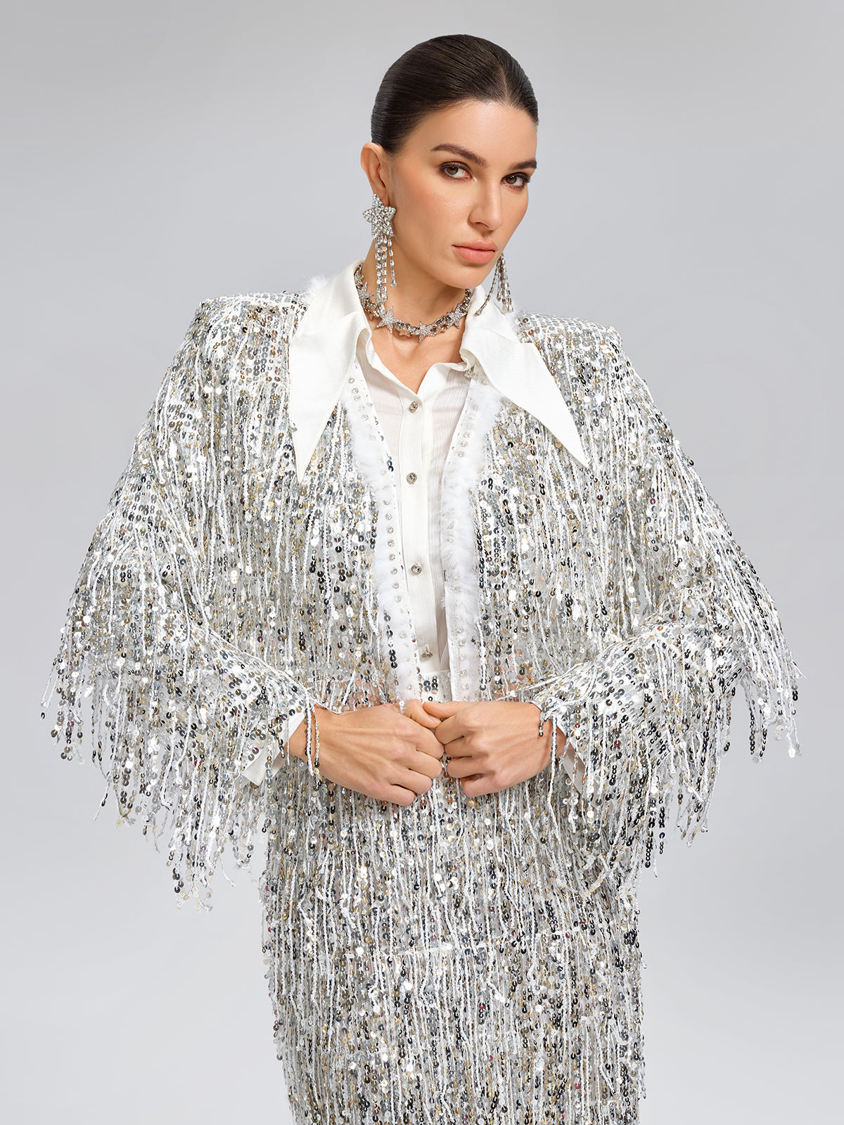 Sequined Beaded Fringe Cropped Jacket