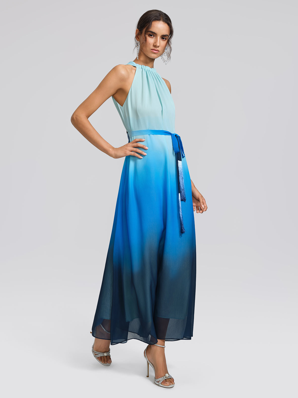 Pleated-Neck Tie-Detail Gradient Maxi Dress (Waist Tie Included)