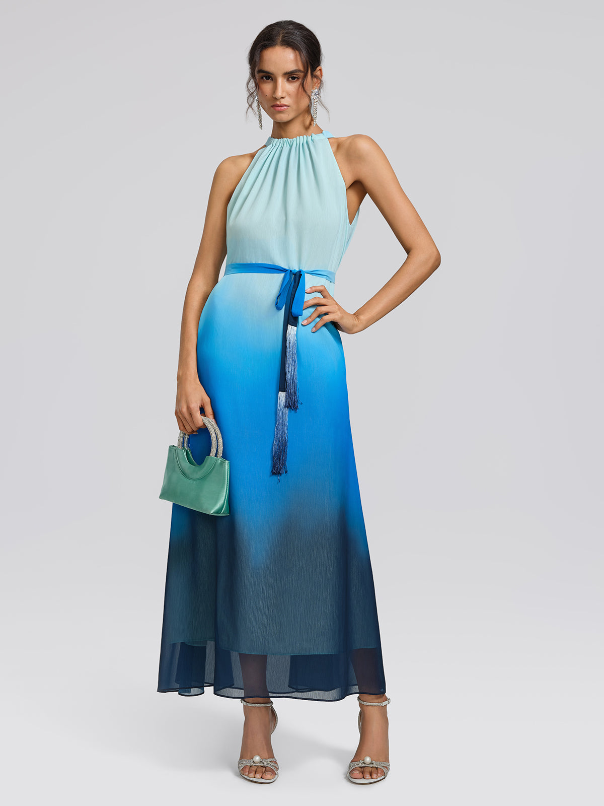Pleated-Neck Tie-Detail Gradient Maxi Dress (Waist Tie Included)