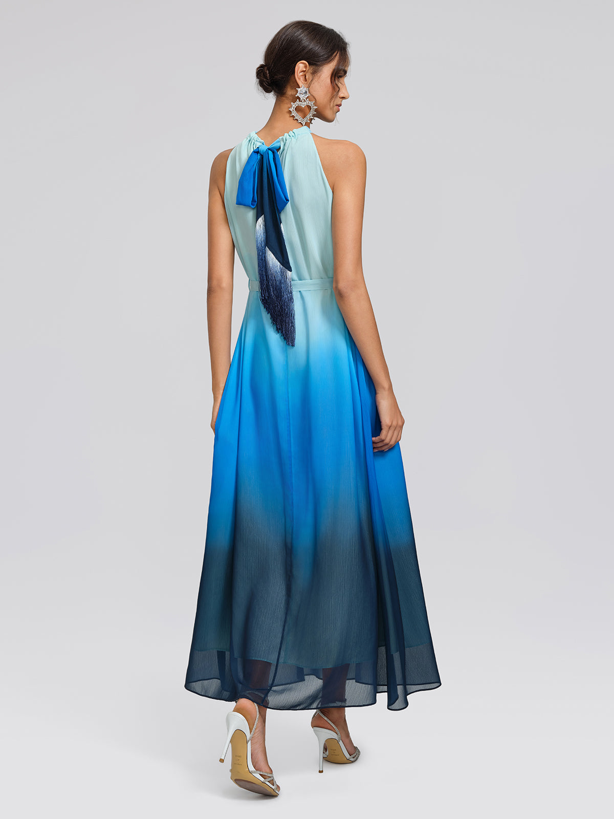 Pleated-Neck Tie-Detail Gradient Maxi Dress (Waist Tie Included)