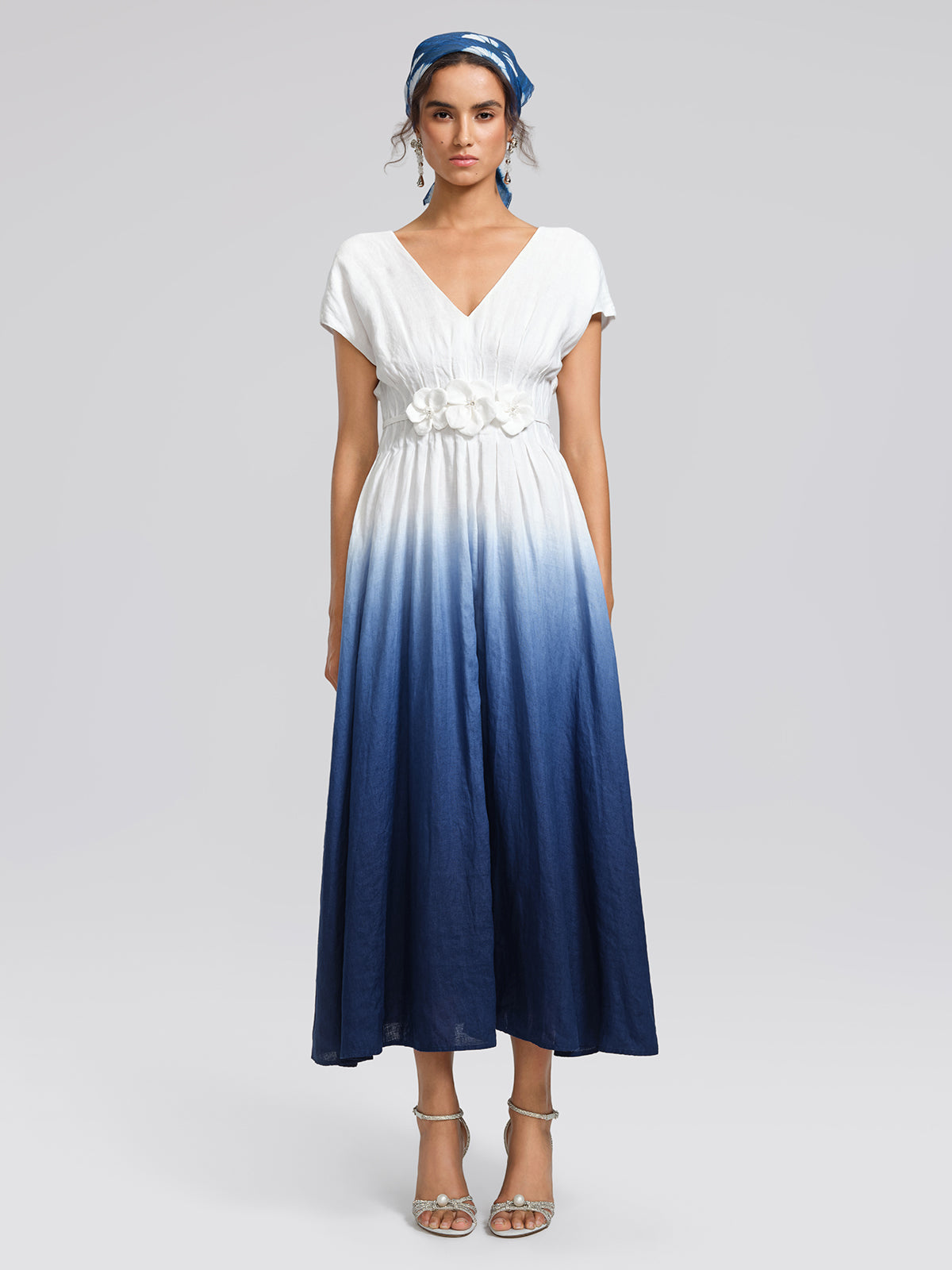 Linen Tie-Dye Resort Maxi Dress (3D Floral Waist Rope Included)