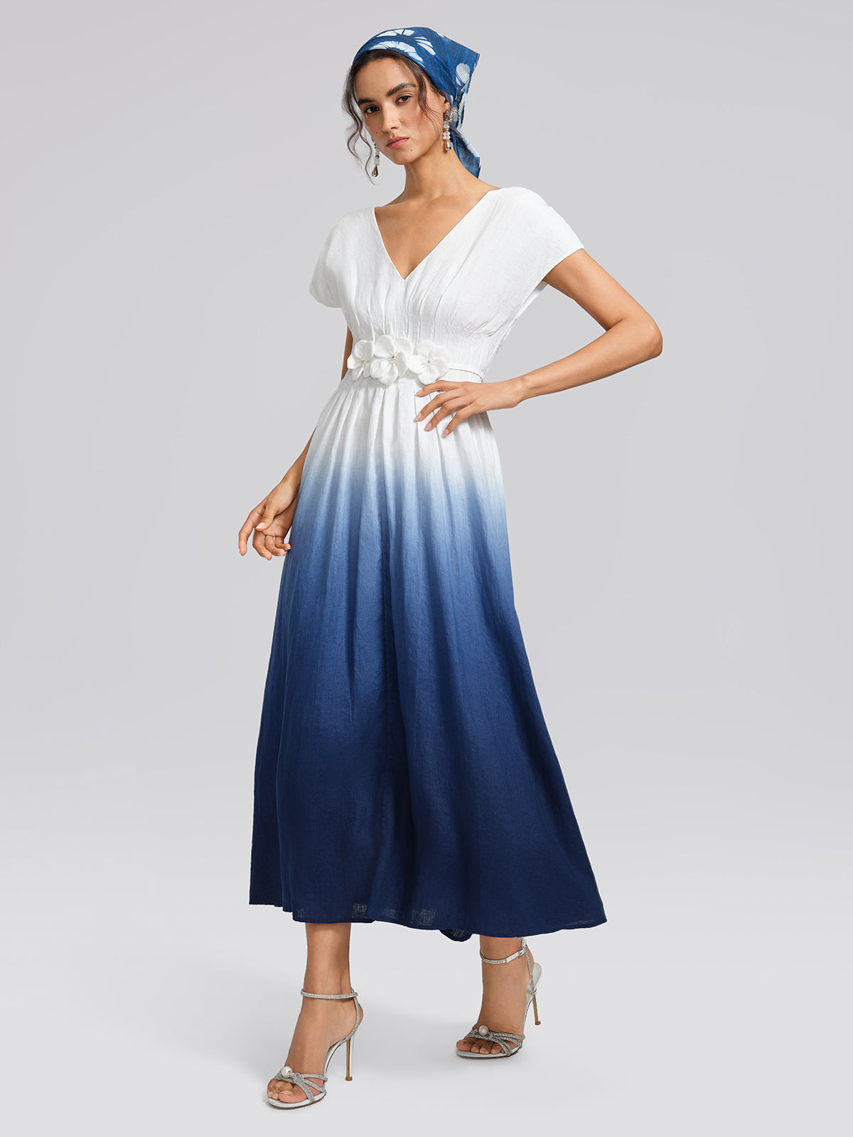Linen Tie-Dye Resort Maxi Dress (3D Floral Waist Rope Included)