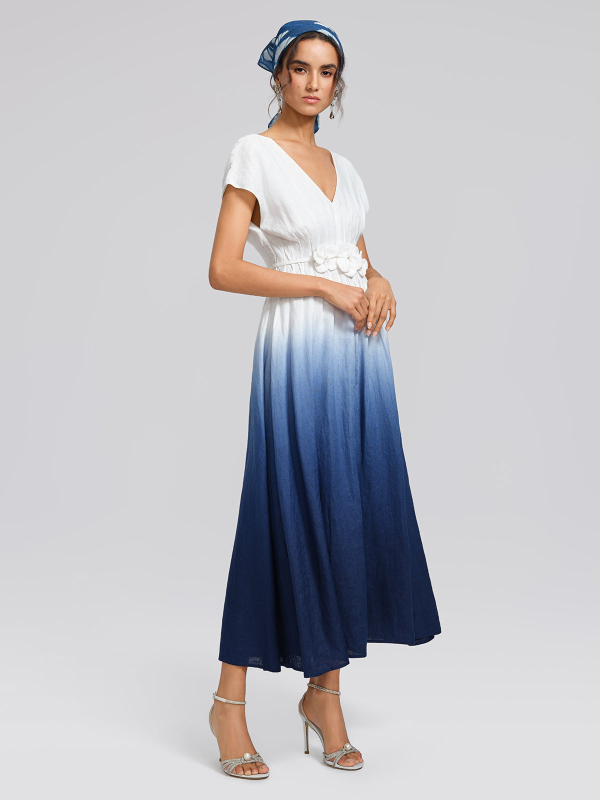 Linen Tie-Dye Resort Maxi Dress (3D Floral Waist Rope Included)