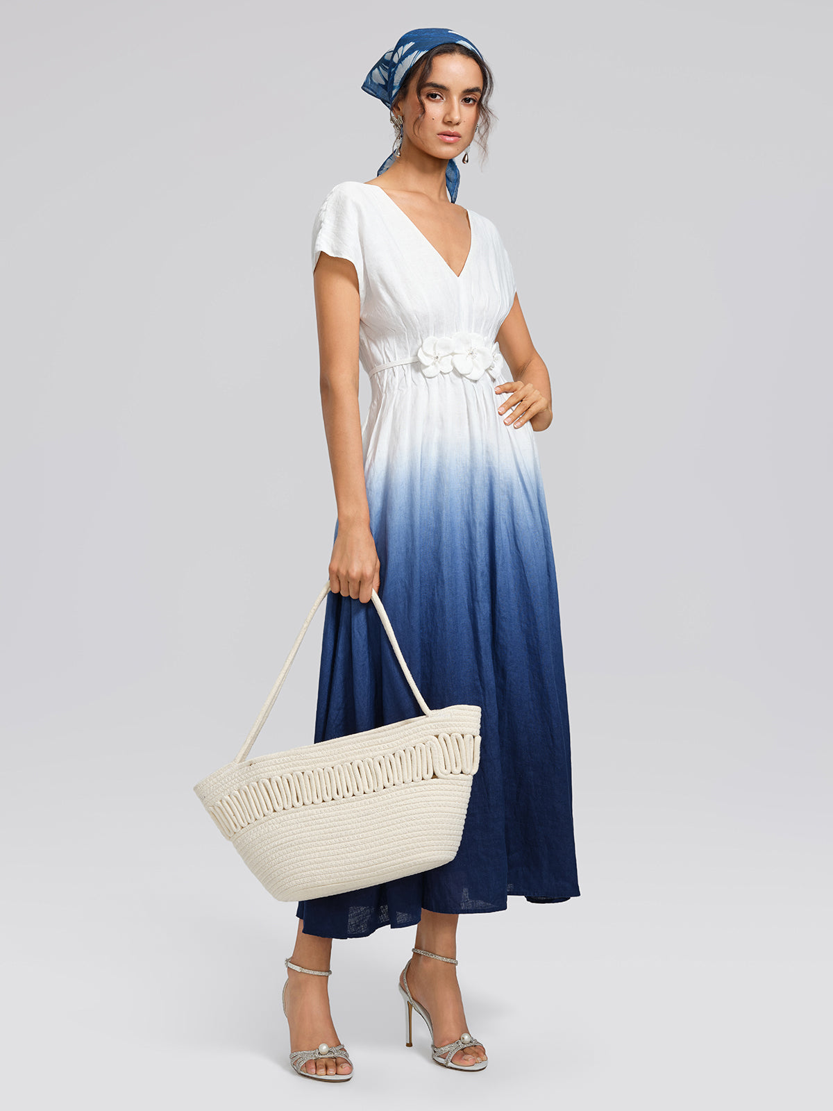 Linen Tie-Dye Resort Maxi Dress (3D Floral Waist Rope Included)