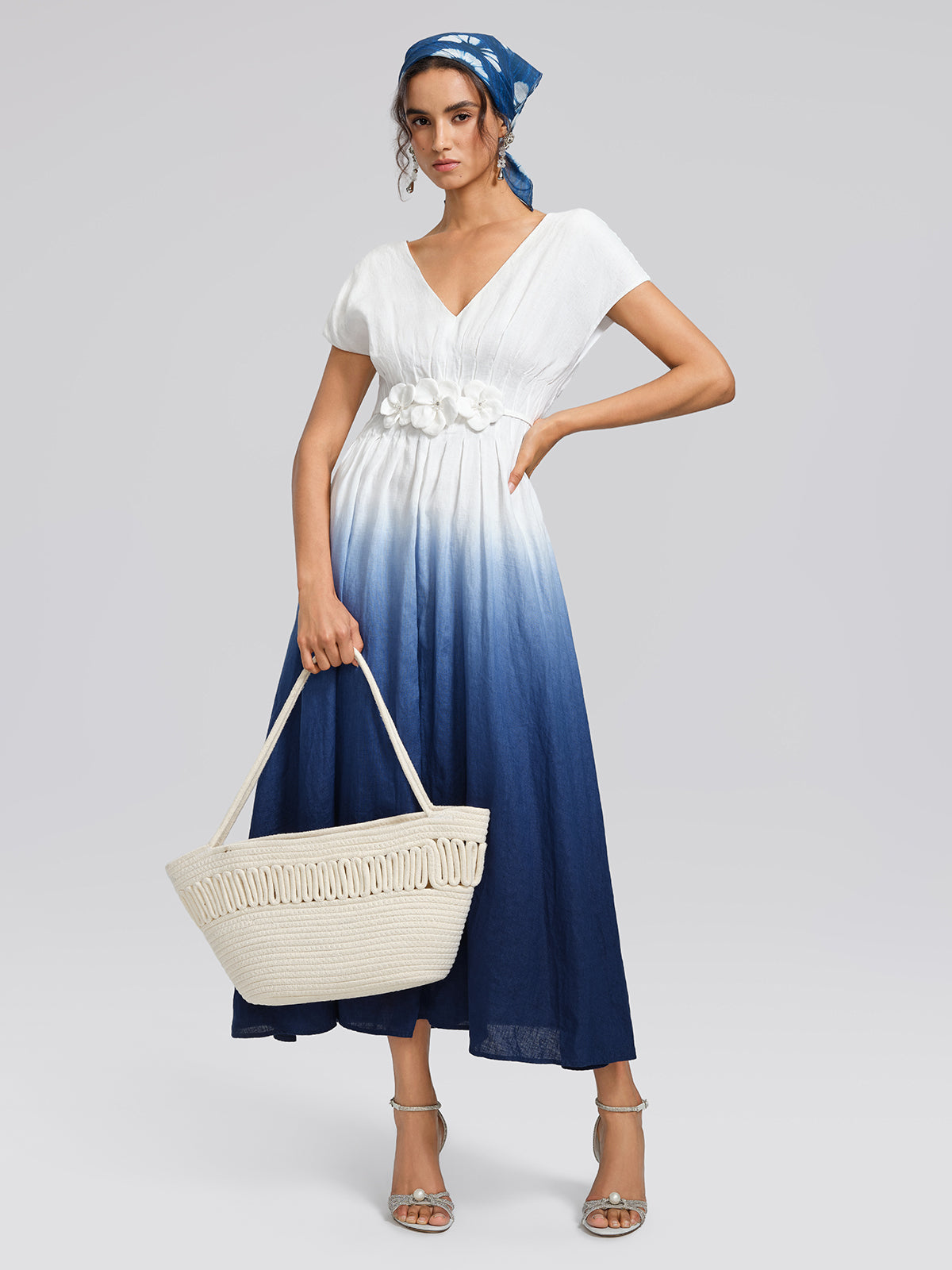Linen Tie-Dye Resort Maxi Dress (3D Floral Waist Rope Included)