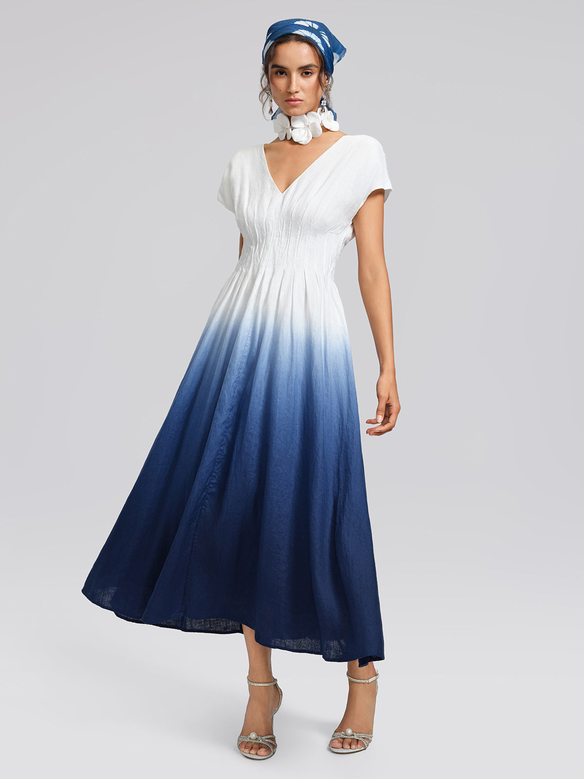 Linen Tie-Dye Resort Maxi Dress (3D Floral Waist Rope Included)