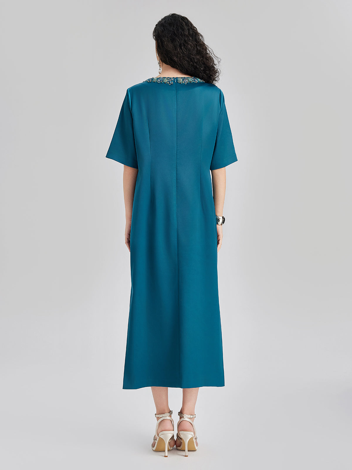 Intricate Crystal-Embellished Elegant Satin Dress