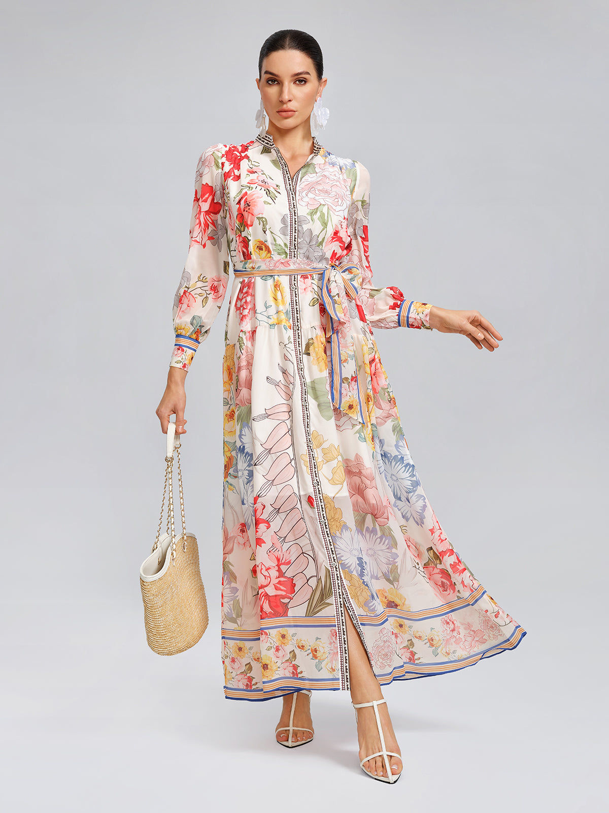 Floral Printed Adjustable-Cuffs Shirt Dress (Waist Tie Included)