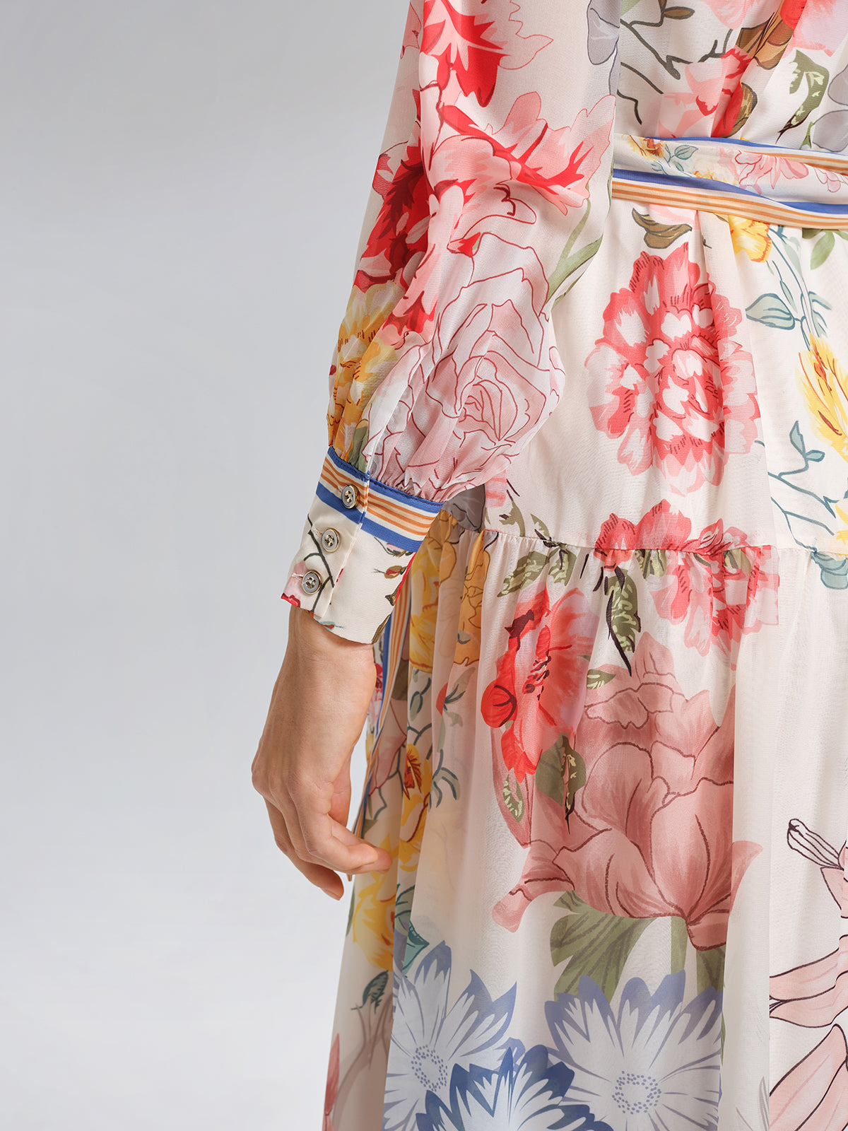Floral Printed Adjustable-Cuffs Shirt Dress (Waist Tie Included)