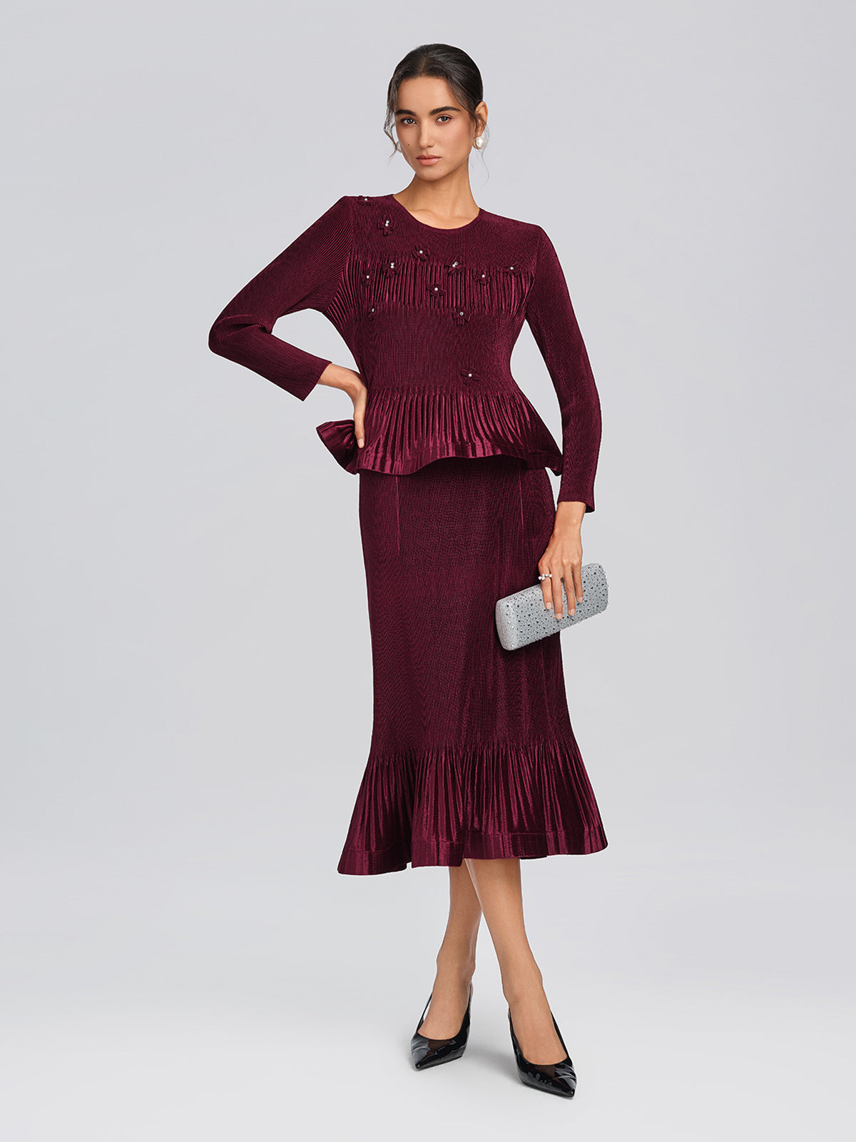 Textured Rhinestone Peplum Mermaid Set