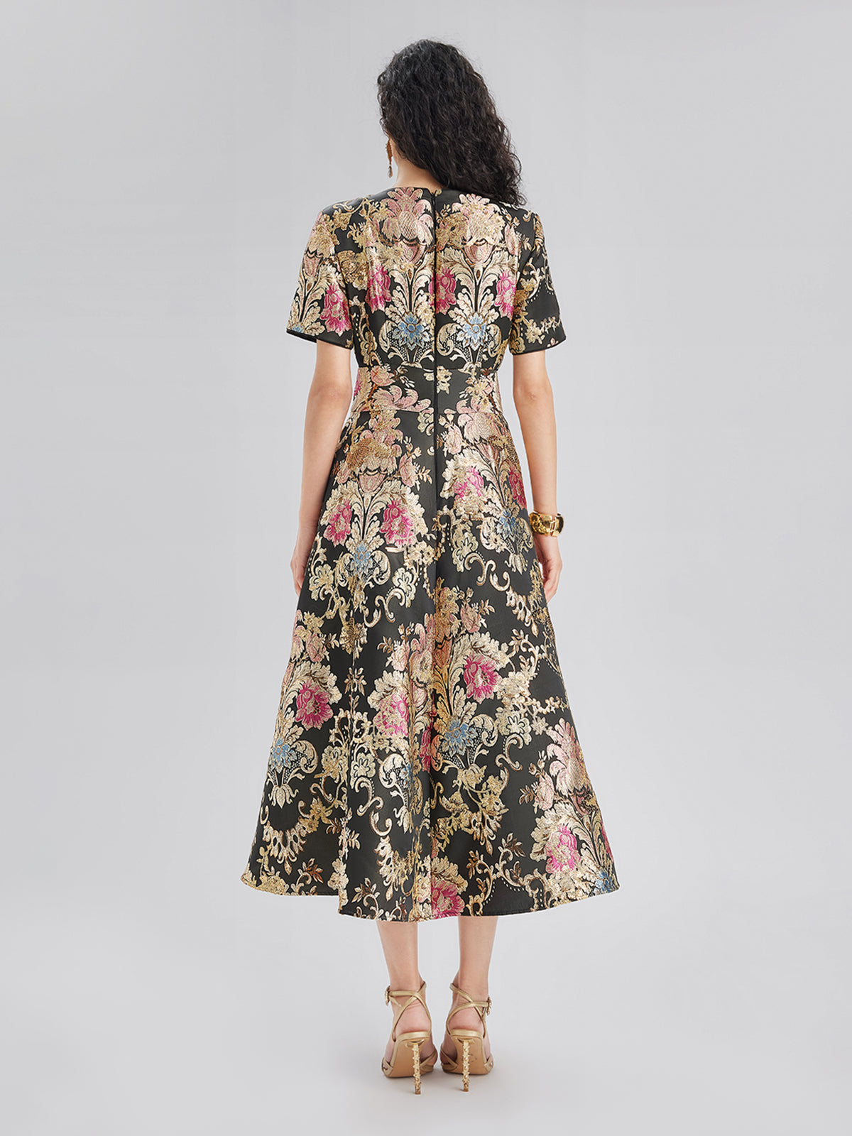 Vintage Metallic Embroidered Evening Gown Dress