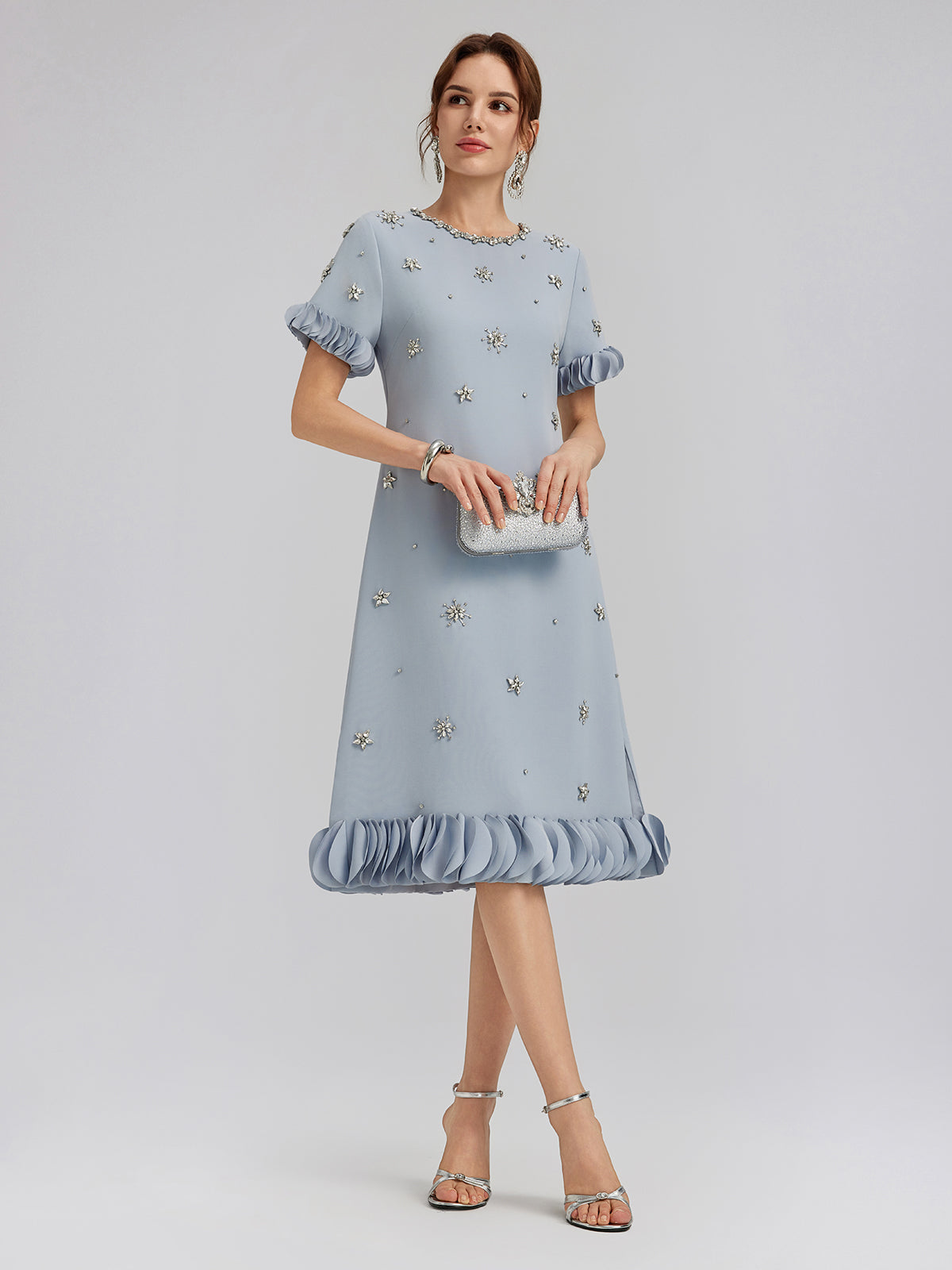 Hand-Sewn 3D Beaded Floral-Trim Holiday Party Midi Dress Hand-Sewn 3D Beaded Floral-Trim Holiday Party Midi Dress