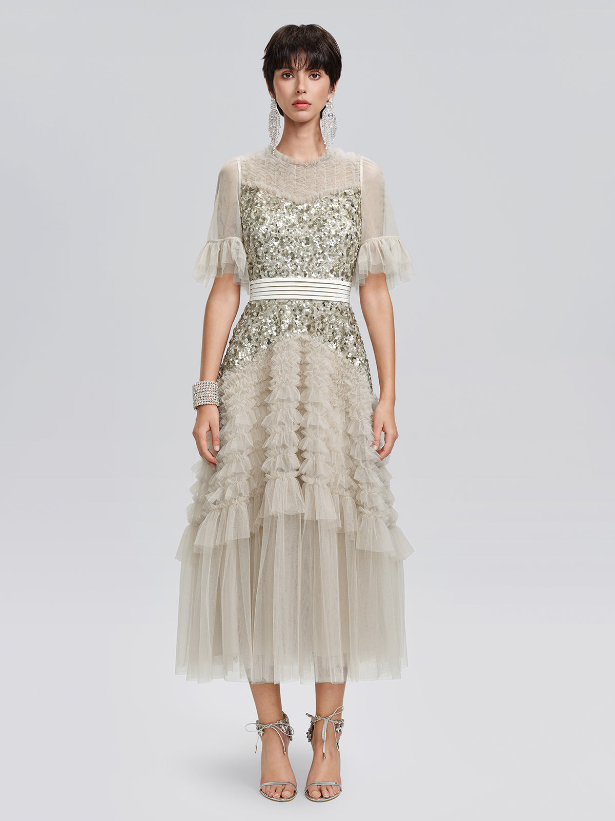 Pleated Sequin Flared-Sleeve Maxi Dress