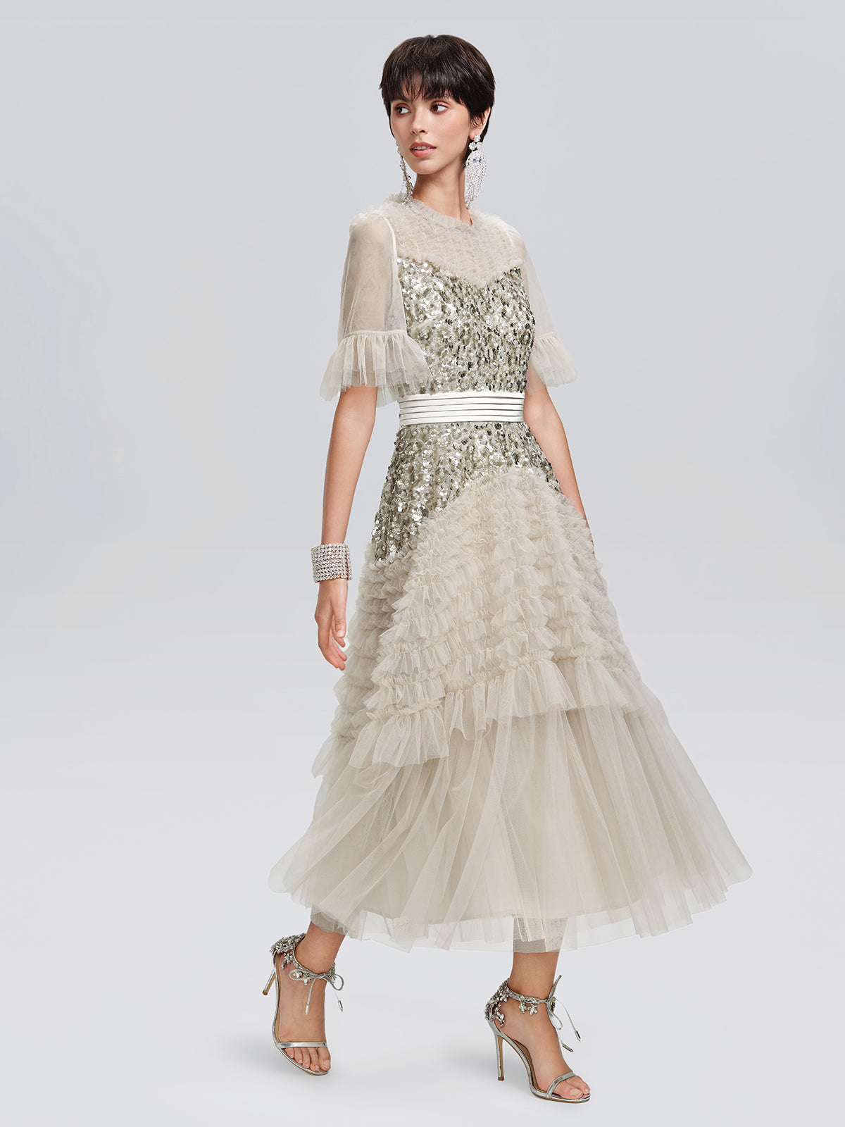 Pleated Sequin Flared-Sleeve Maxi Dress