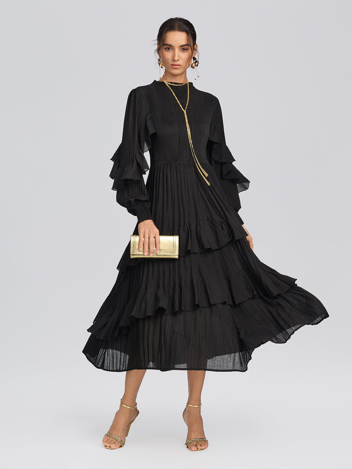 Heat Set Pleated Ruffle Sleeve Dress