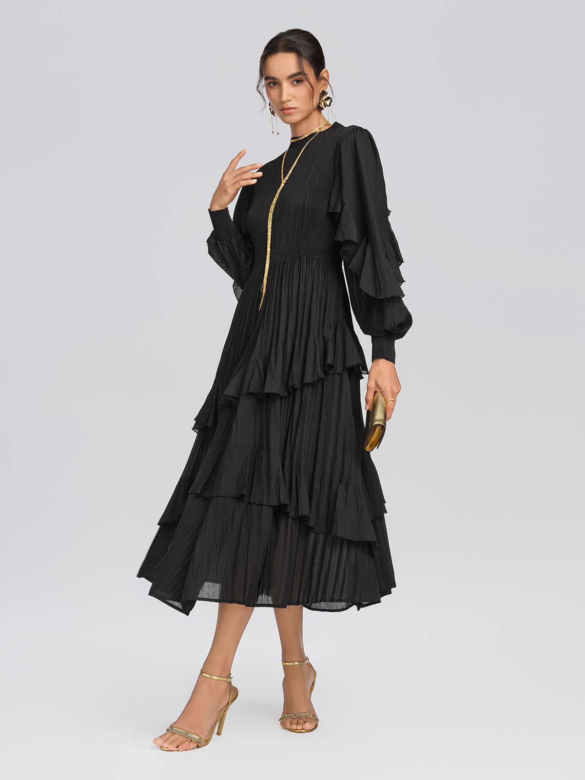 Heat Set Pleated Ruffle Sleeve Dress