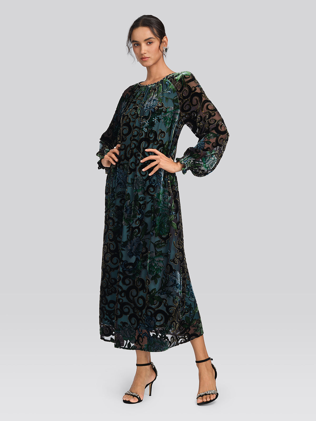 Silk Burnout Velvet Beaded Floral Dress