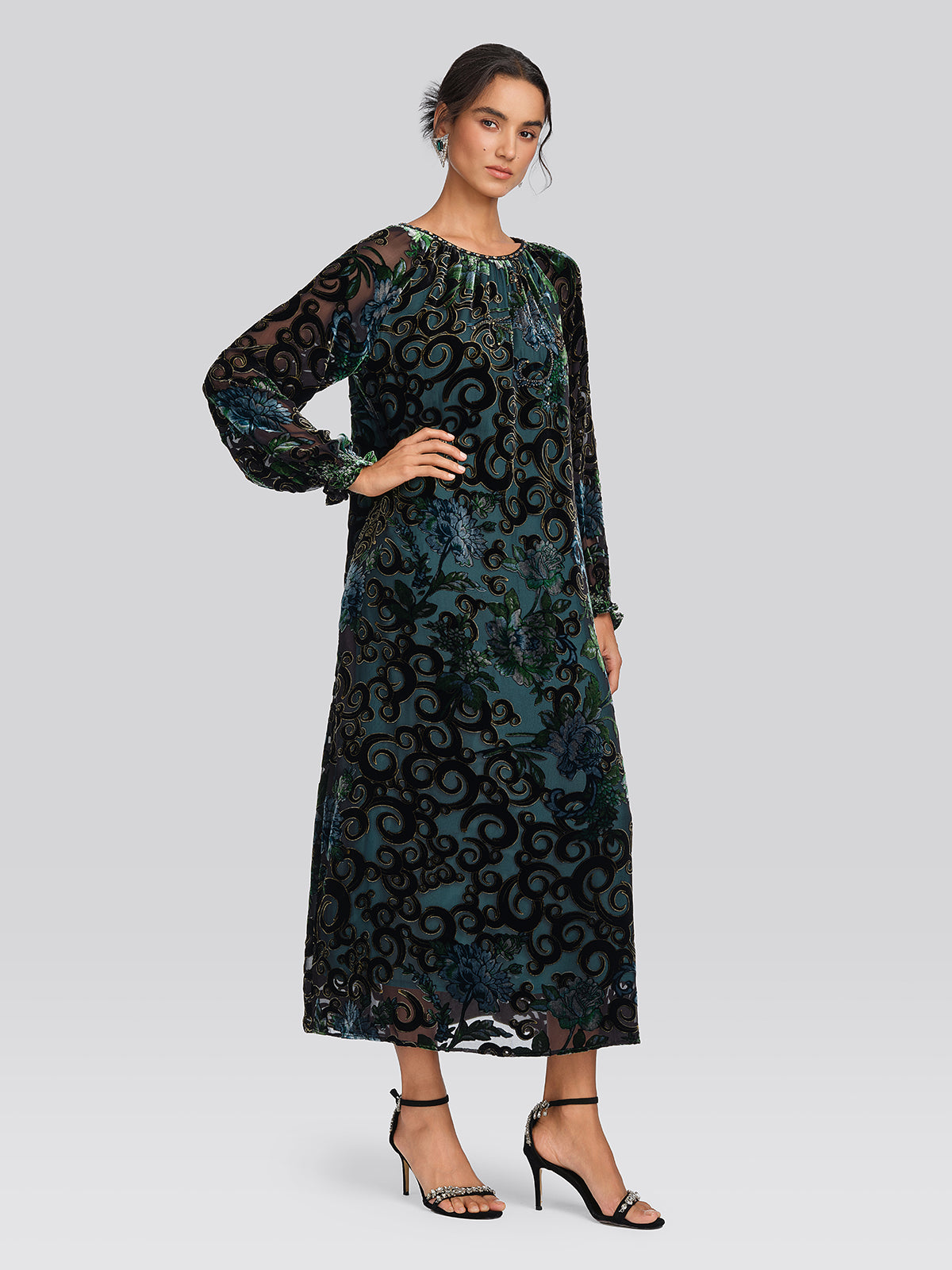 Silk Burnout Velvet Beaded Floral Dress