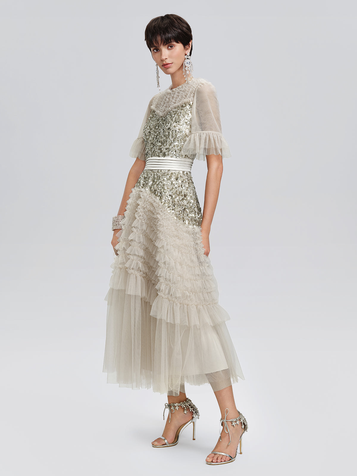 Pleated Sequin Flared-Sleeve Maxi Dress