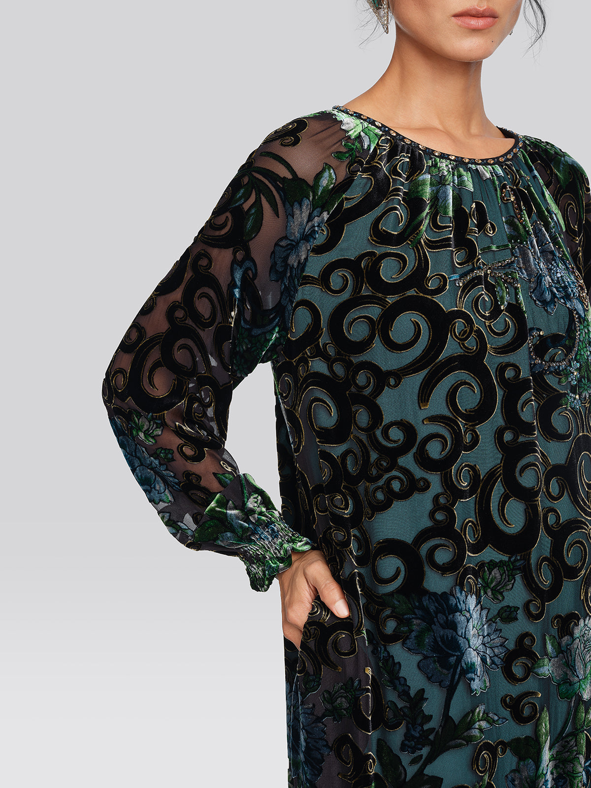 Silk Burnout Velvet Beaded Floral Dress