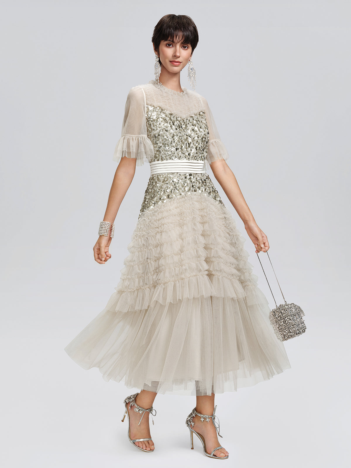 Pleated Sequin Flared-Sleeve Maxi Dress