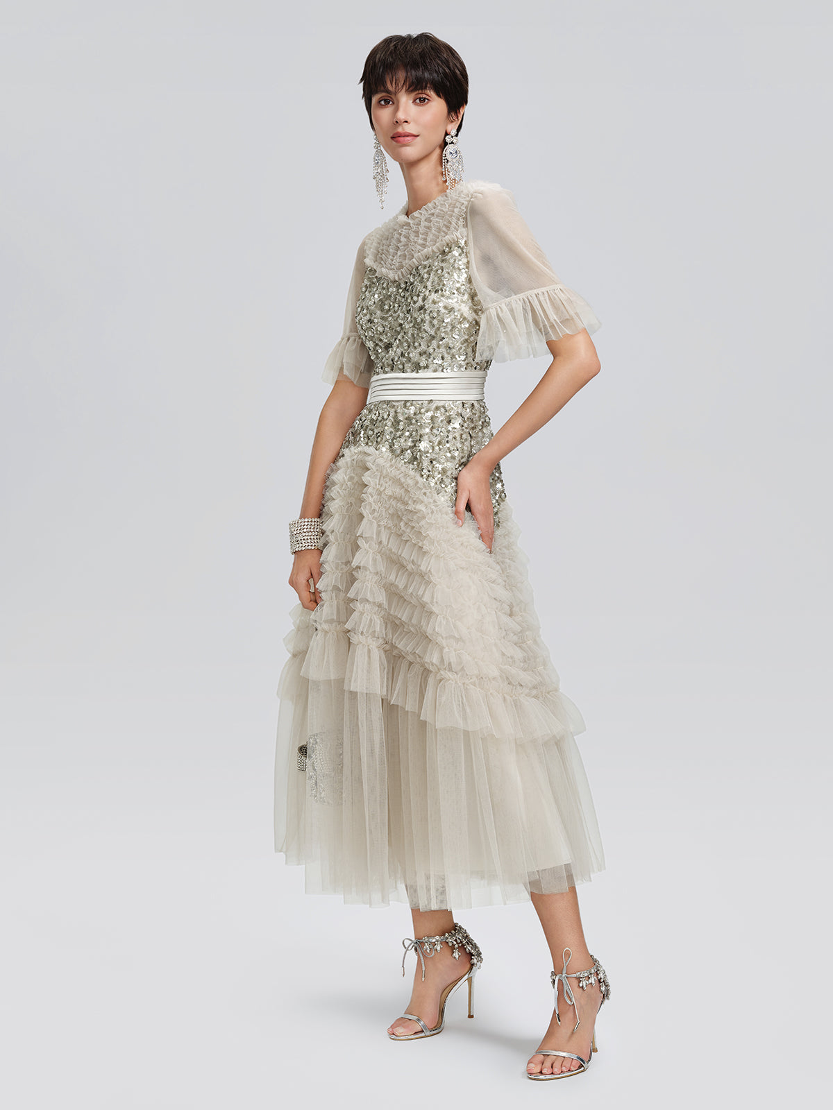 Pleated Sequin Flared-Sleeve Maxi Dress