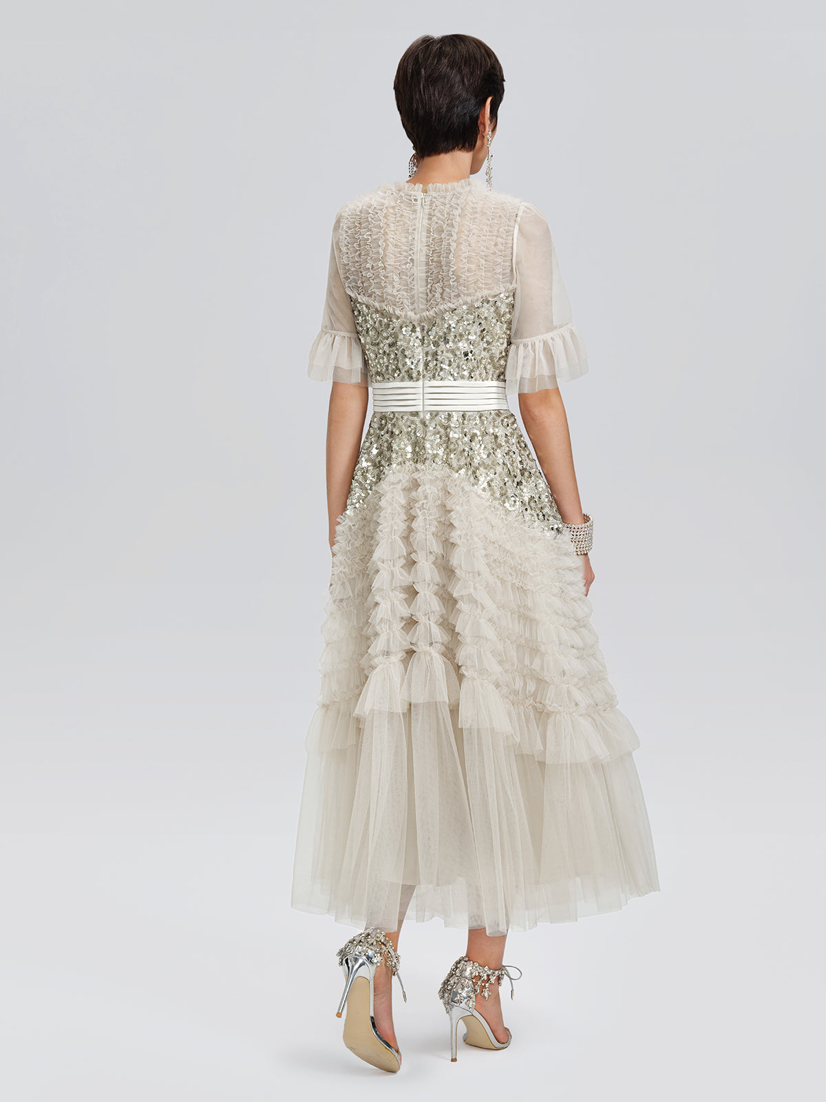 Pleated Sequin Flared-Sleeve Maxi Dress