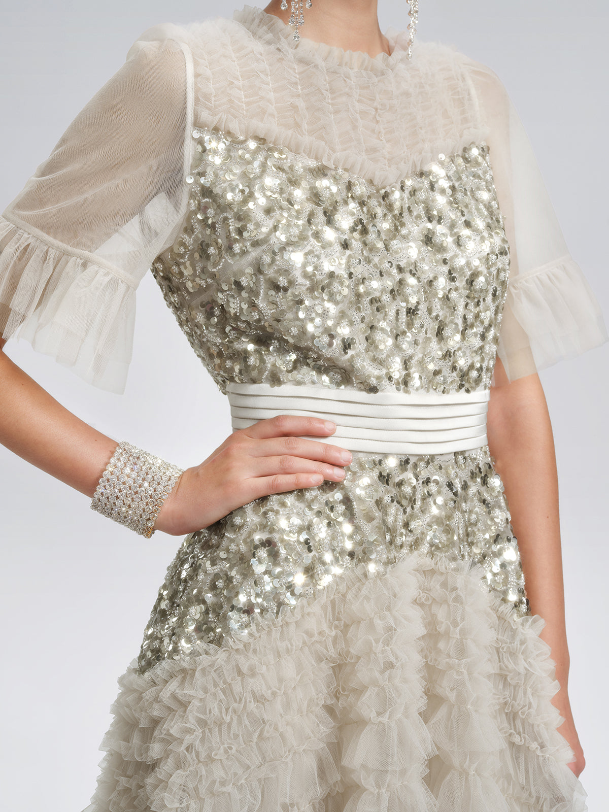 Pleated Sequin Flared-Sleeve Maxi Dress