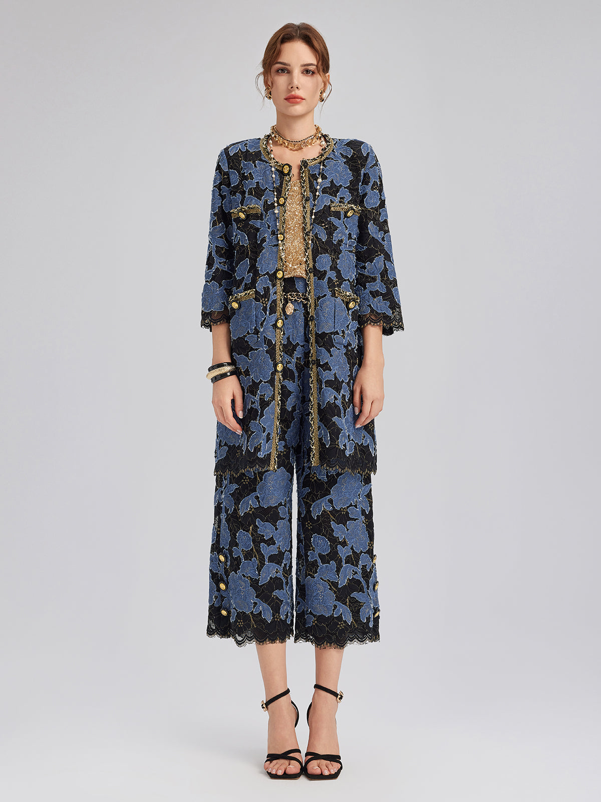 Hand-Sewn Ribbon Jacquard Lace Wide-Leg Pants
