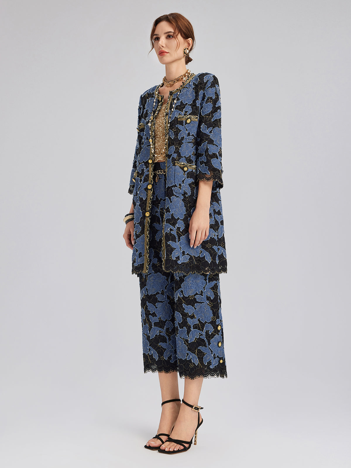 Hand-Sewn Ribbon Jacquard Lace Wide-Leg Pants