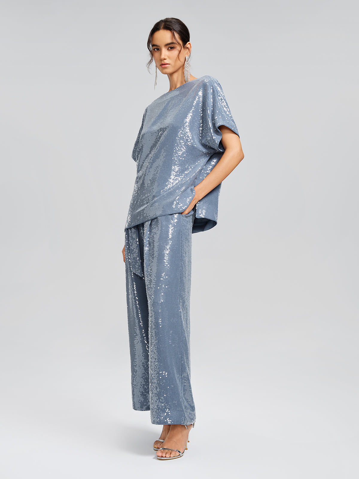 Sequin Belted Wide-Leg Pants