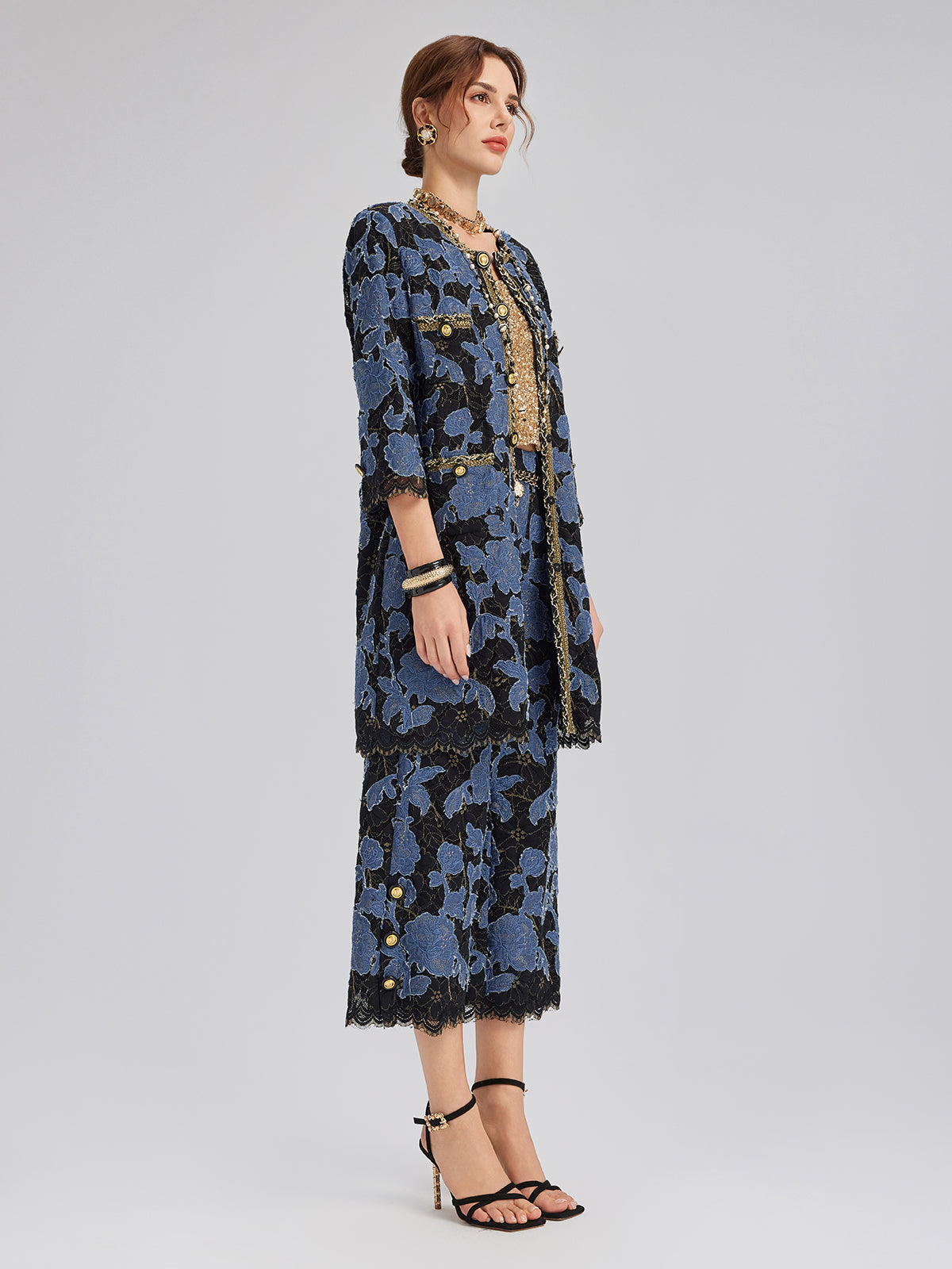 Hand-Sewn Ribbon Jacquard Lace Wide-Leg Pants