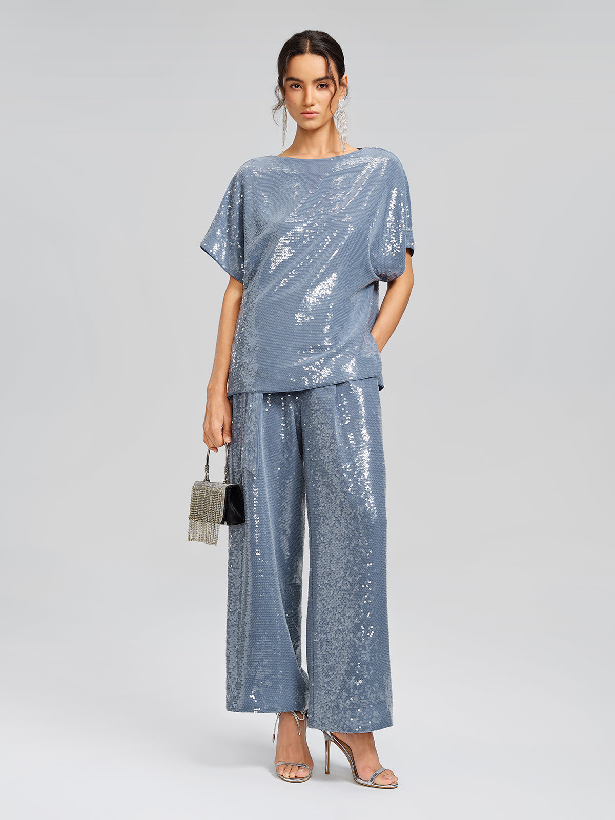 Sequin Belted Wide-Leg Pants